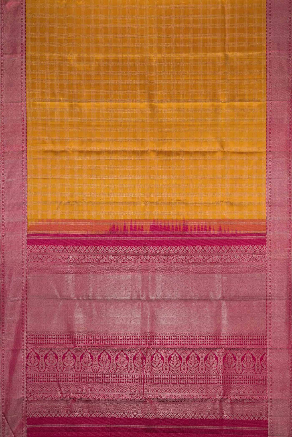 Flat view of Mustard Dual Tone Kanchipuram Silk Saree with Zari Brocade on the body and Zari Border
