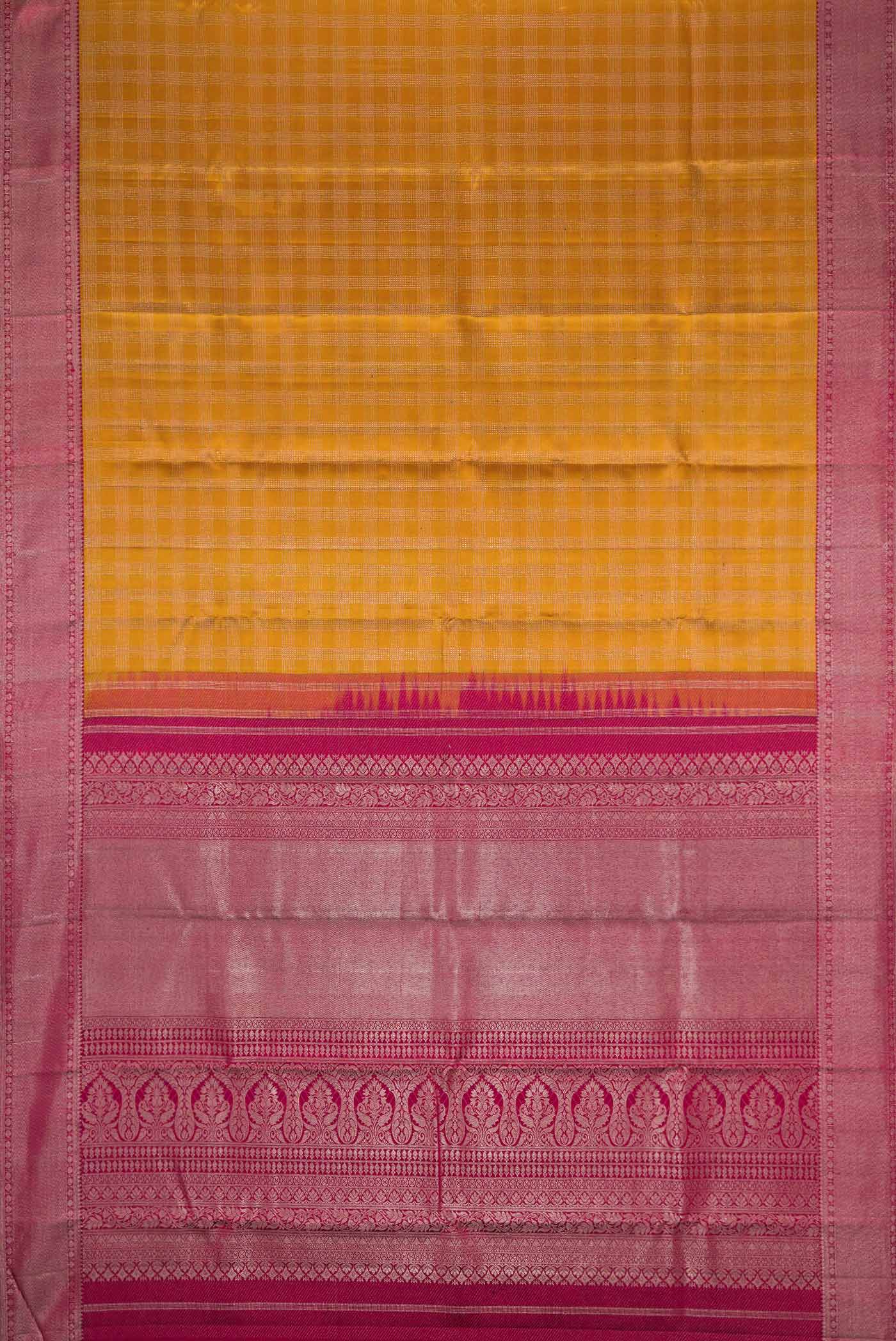 Flat view of Mustard Dual Tone Kanchipuram Silk Saree with Zari Brocade on the body and Zari Border