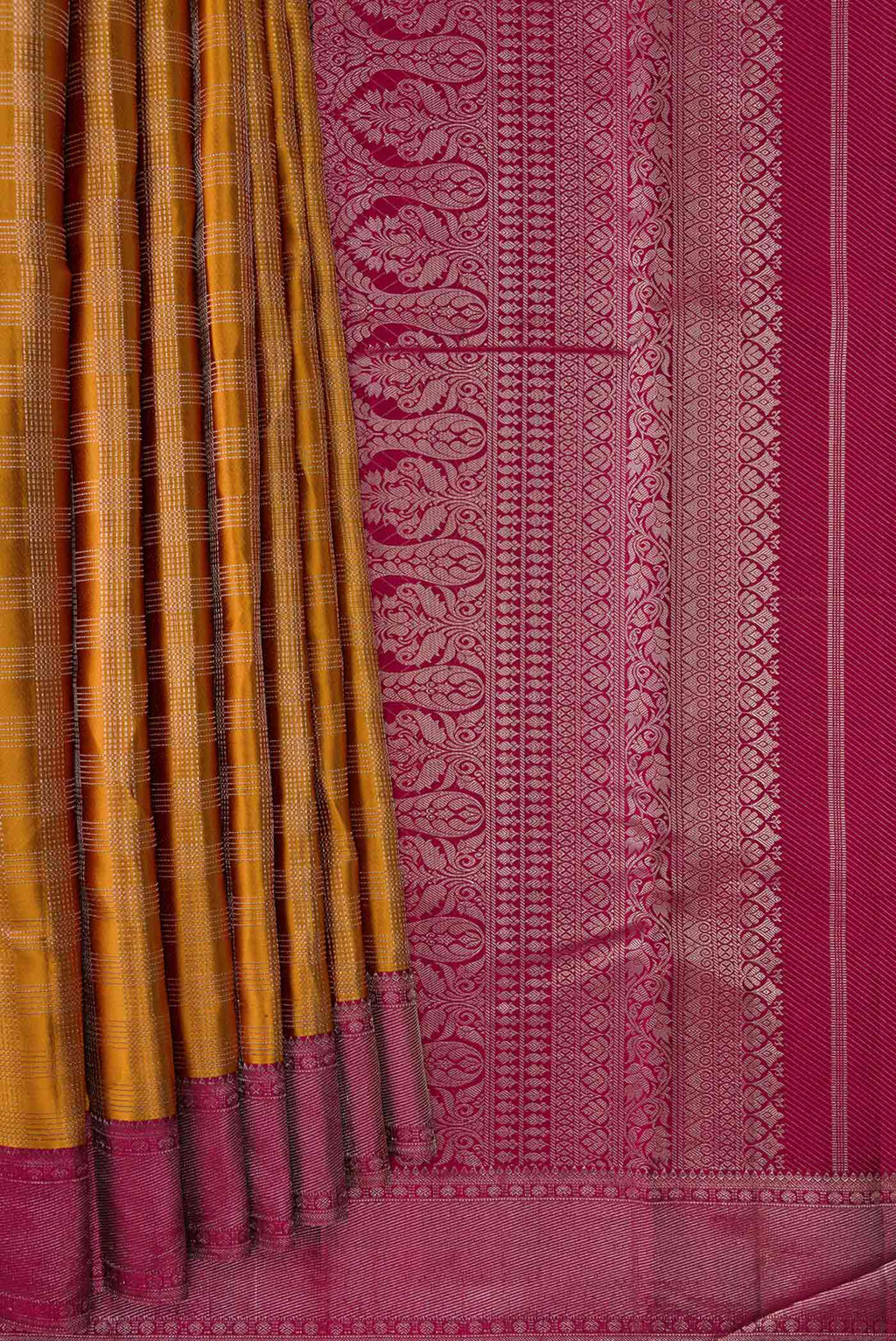 Pleats and pallu of Mustard Dual Tone Kanchipuram Silk Saree with Zari Brocade on the body and Zari Border