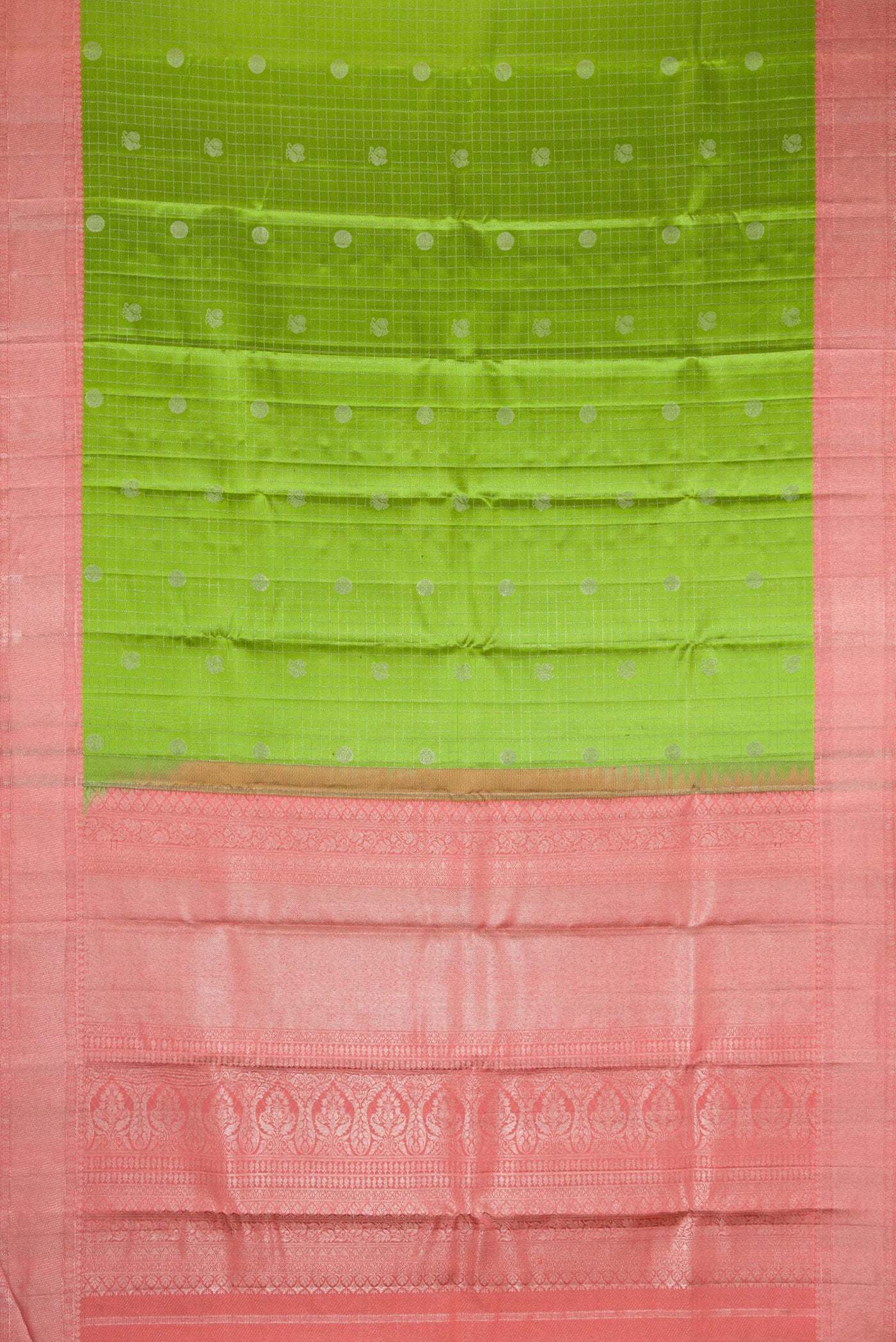 Flat view of Mehandi Green Dual Tone Kanjivaram Silk Saree with Zari Brocade on the body and Zari Border. 