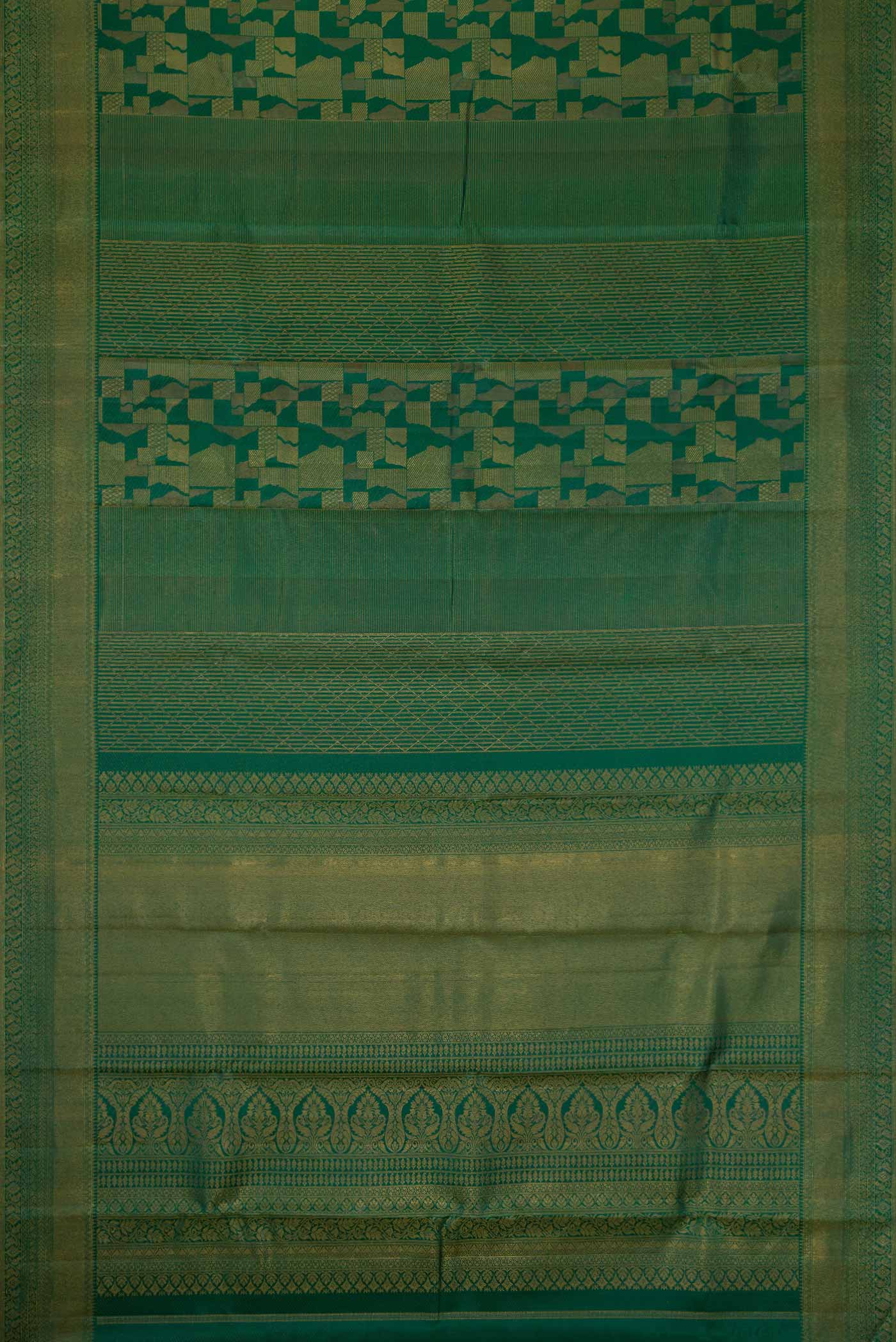 Flat view of Bottle Green Dual Tone Kanjivaram Silk Saree with Zari Brocade on the body and Zari Border. 