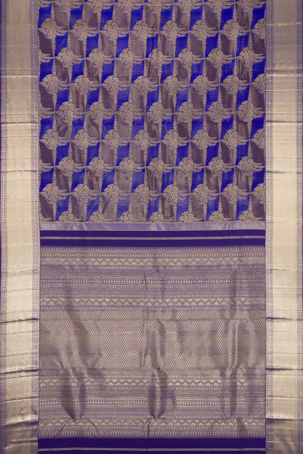 Flat view of Violet Dual Tone Kanjivaram Silk Saree with Zari Brocade on the body and Zari Border. 