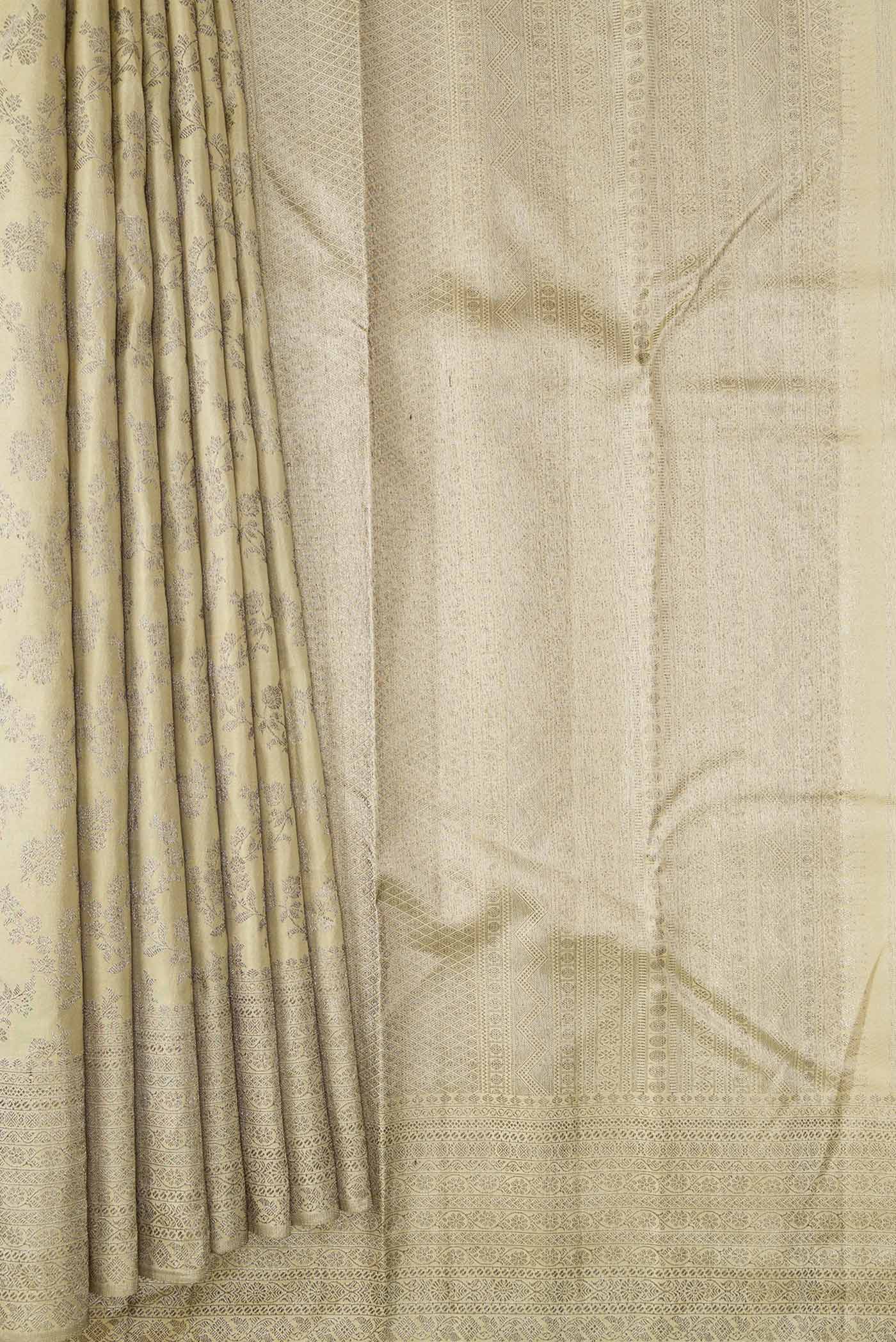 Pleats and pallu of Beige Dual Tone Kanchipuram Silk Saree with Zari Brocade on the body and Zari Border