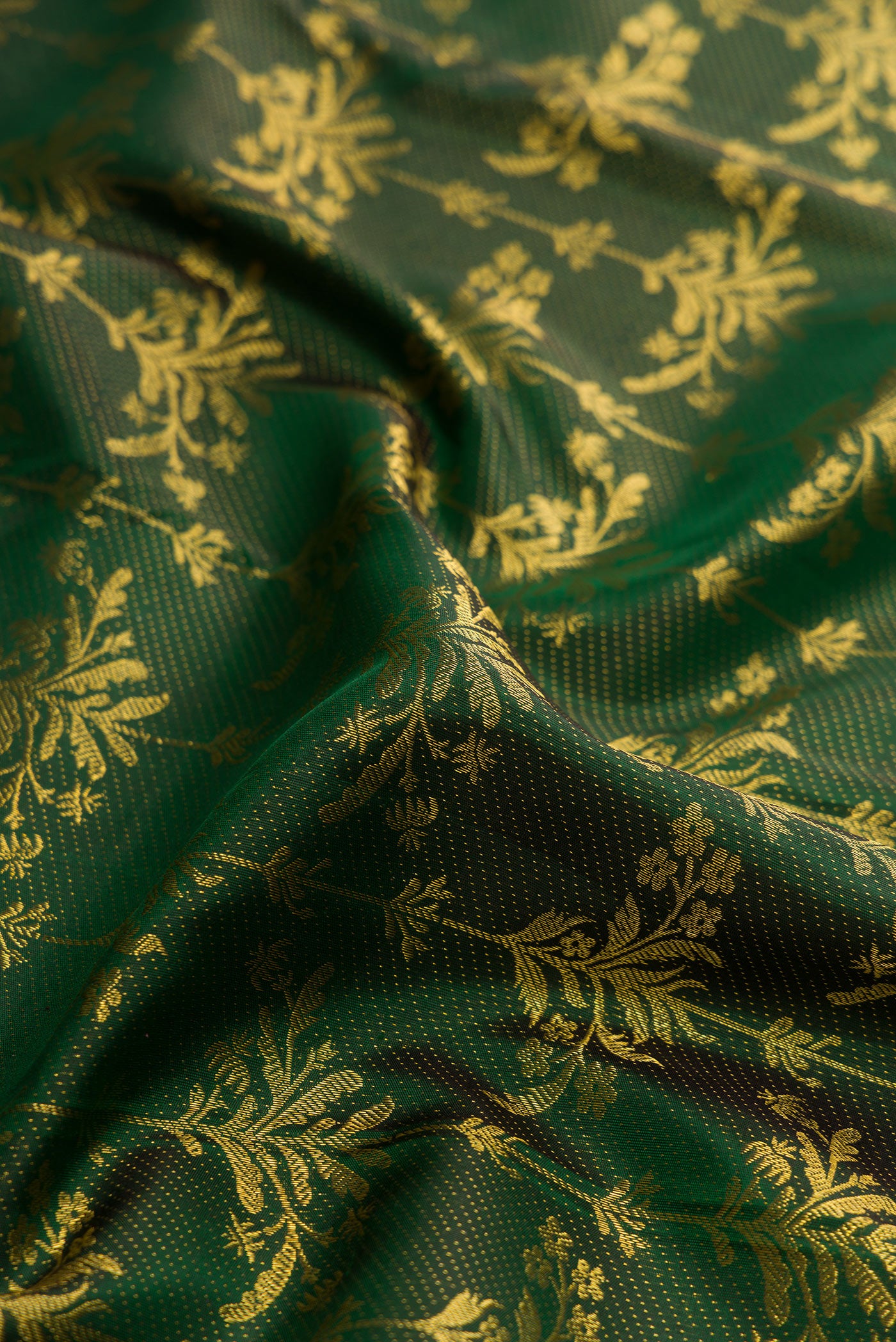 Close up of Green Dual Tone Kanjivaram Silk Saree with Zari Brocade on the body and Zari Border.  displaying folds