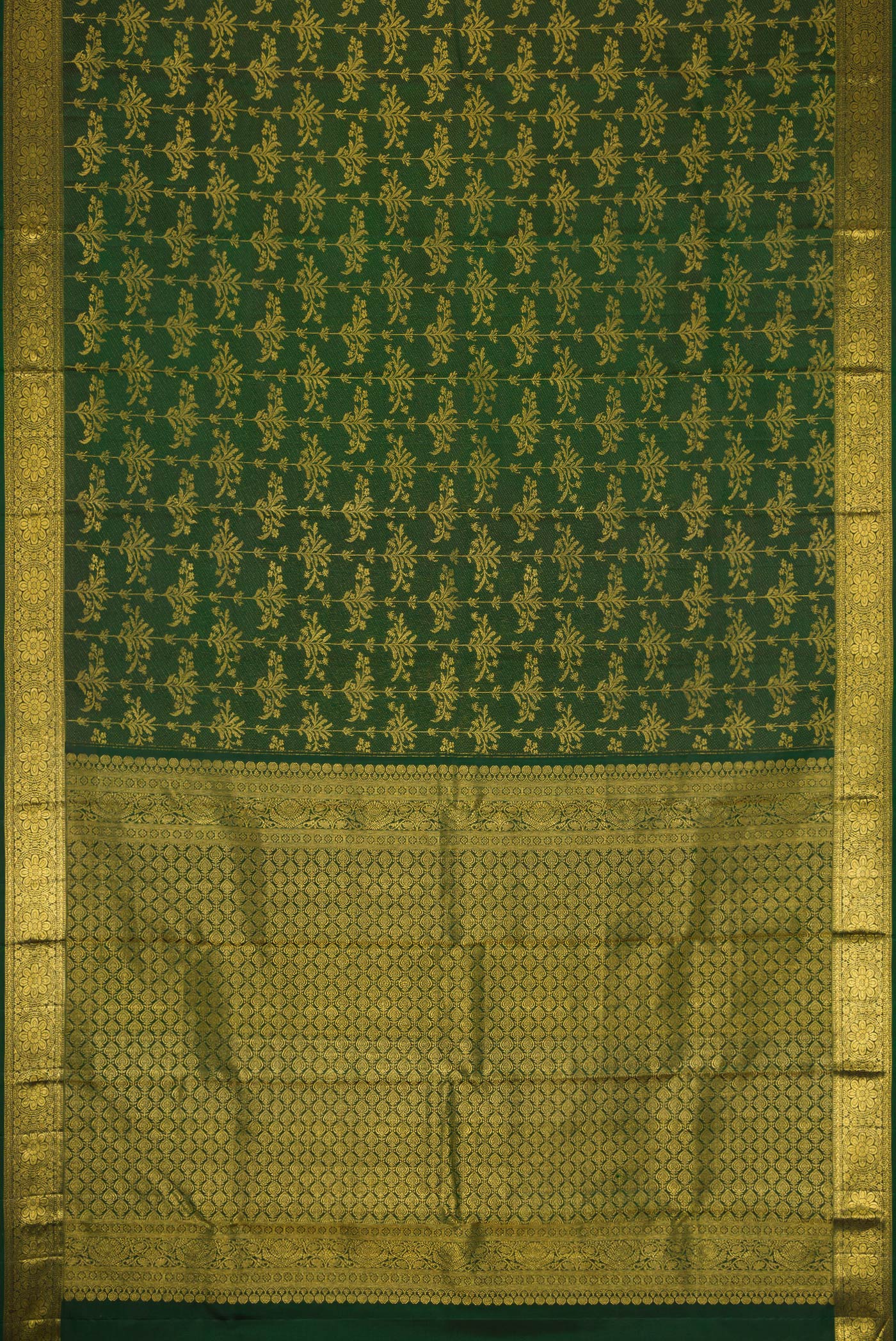 Flat view of Green Dual Tone Kanjivaram Silk Saree with Zari Brocade on the body and Zari Border. 