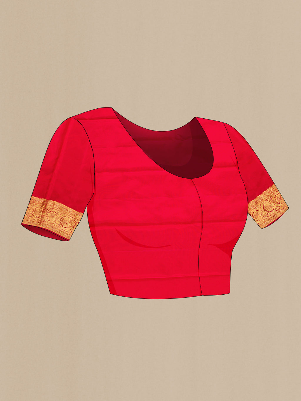 Close up image of the blouse of Red Dual Tone Kanjivaram Silk Saree with Zari Brocade on the body and Zari Border. 