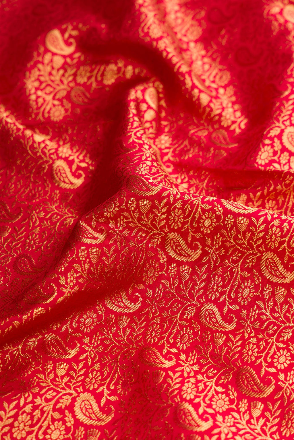 Close up of Red Dual Tone Kanjivaram Silk Saree with Zari Brocade on the body and Zari Border.  displaying folds