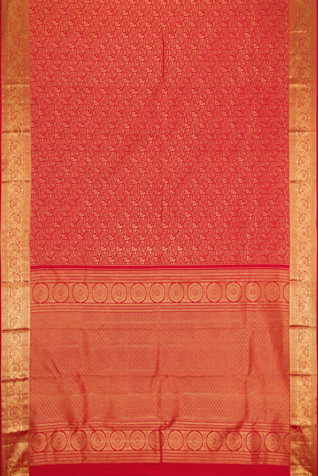 Flat view of Red Dual Tone Kanjivaram Silk Saree with Zari Brocade on the body and Zari Border. 