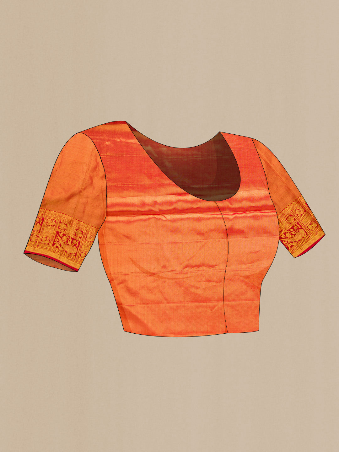 Close up image of the blouse of Red Dual Tone Kanchipuram Tissue Silk Saree with Zari Brocade on the body and Zari Border