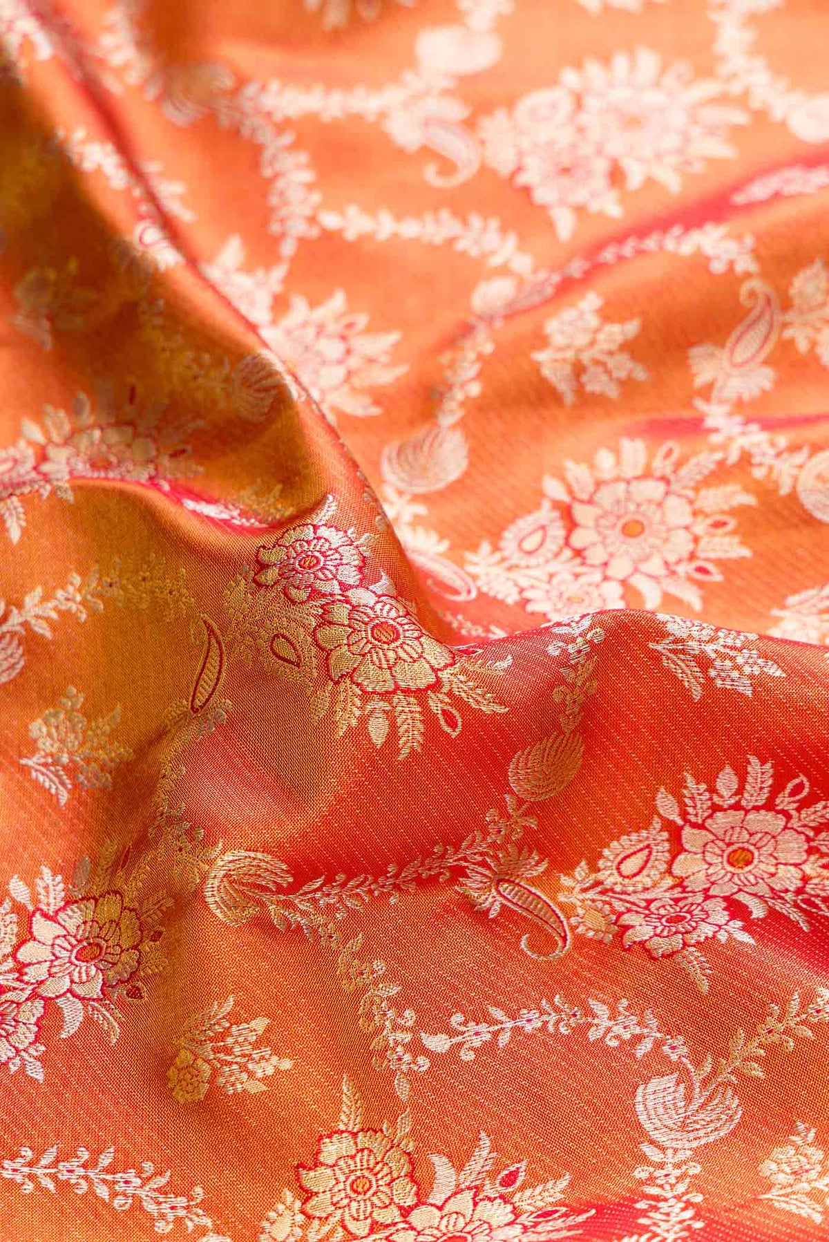 Close up of Red Dual Tone Kanchipuram Tissue Silk Saree with Zari Brocade on the body and Zari Border displaying folds