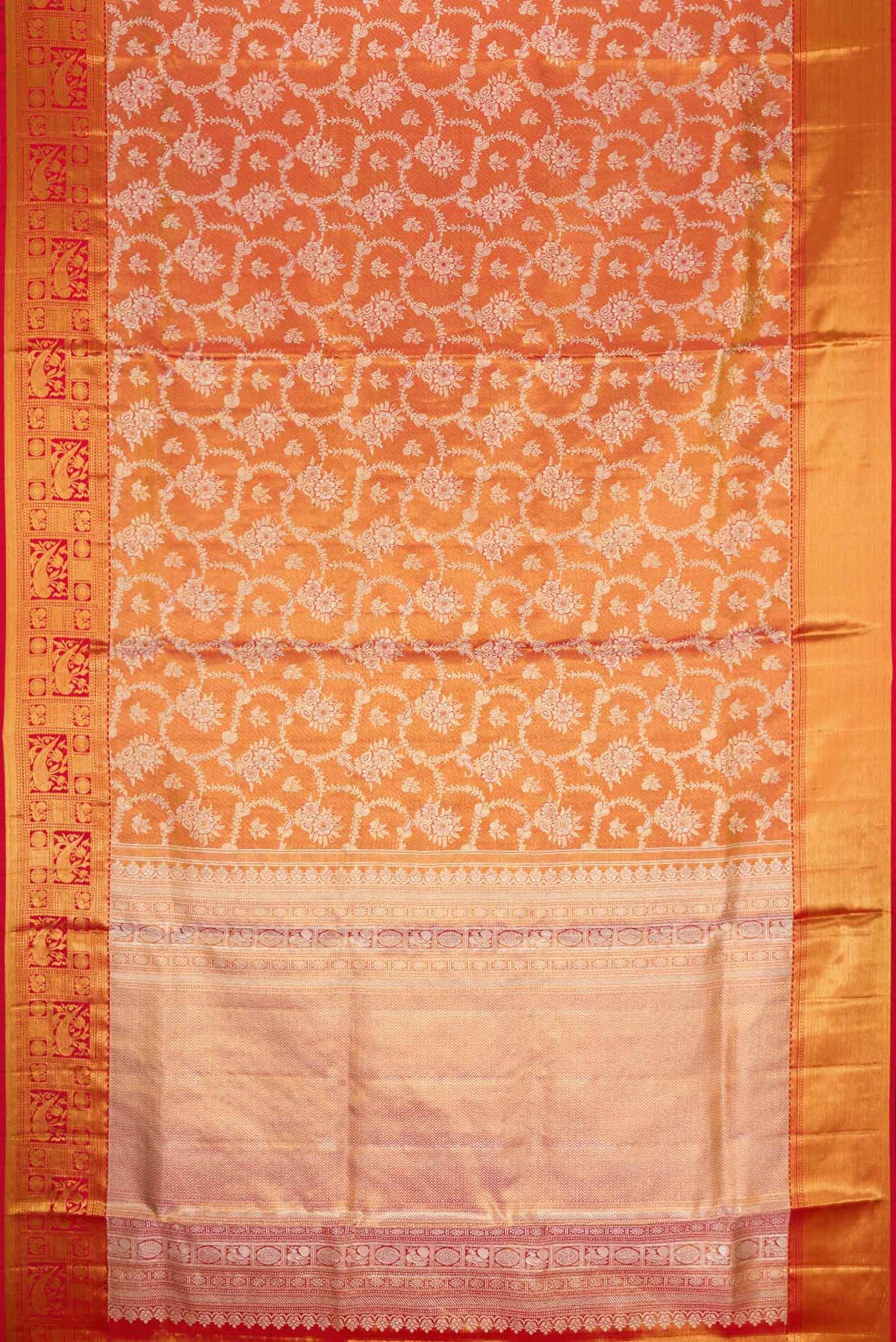 Flat view of Red Dual Tone Kanchipuram Tissue Silk Saree with Zari Brocade on the body and Zari Border