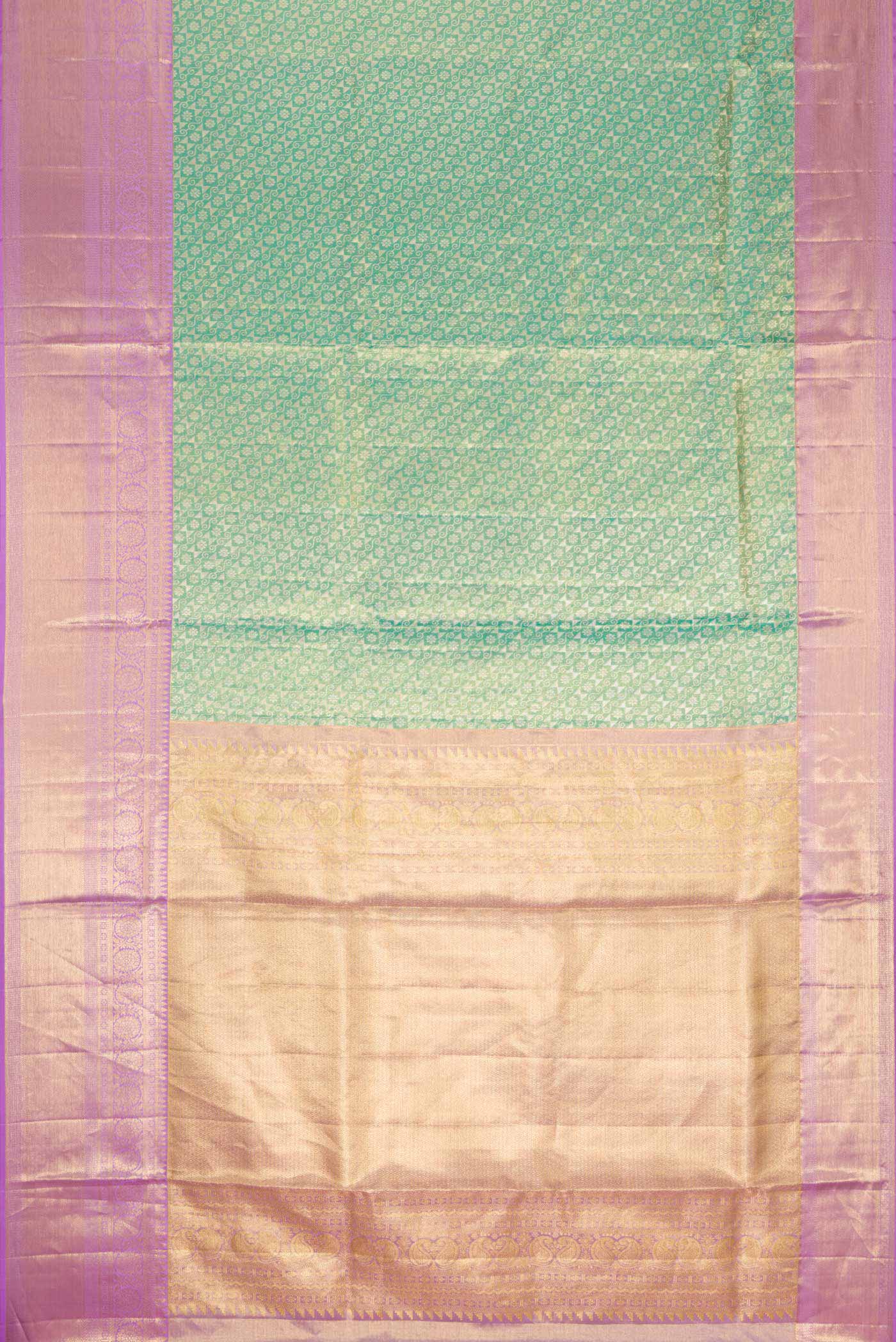 Flat view of Green Dual Tone Kanchipuram Tissue Silk Saree with Zari Brocade on the body and Zari Border
