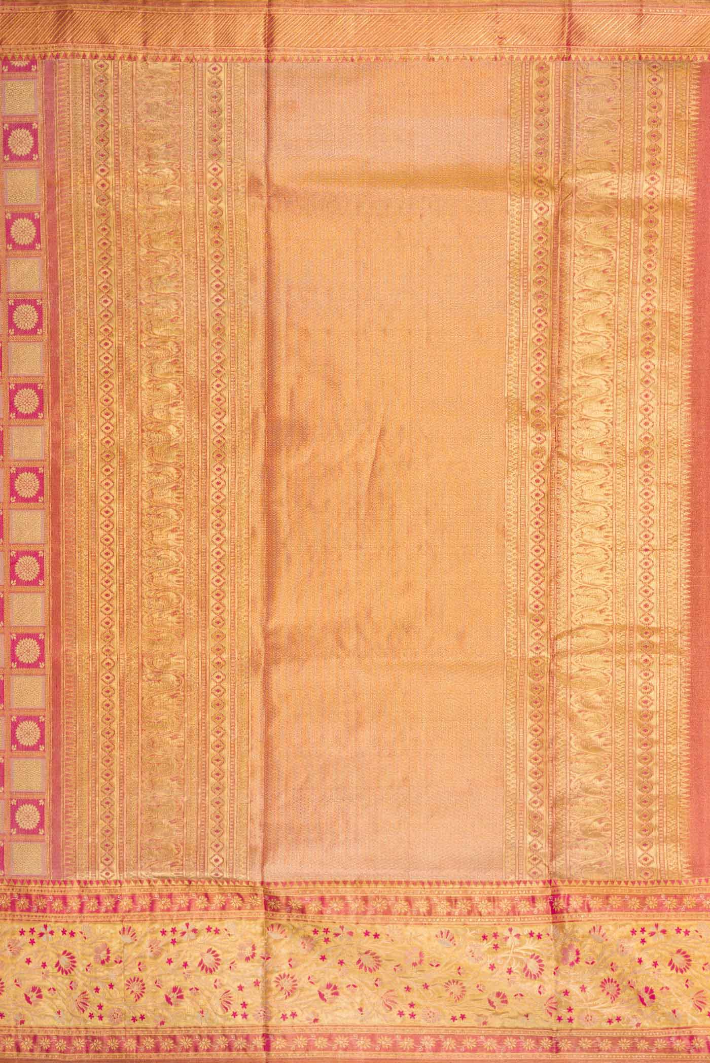 Close up image of the pallu of Pink Dual Tone Kanchipuram Tissue Silk Saree with Zari Brocade on the body and Zari Border