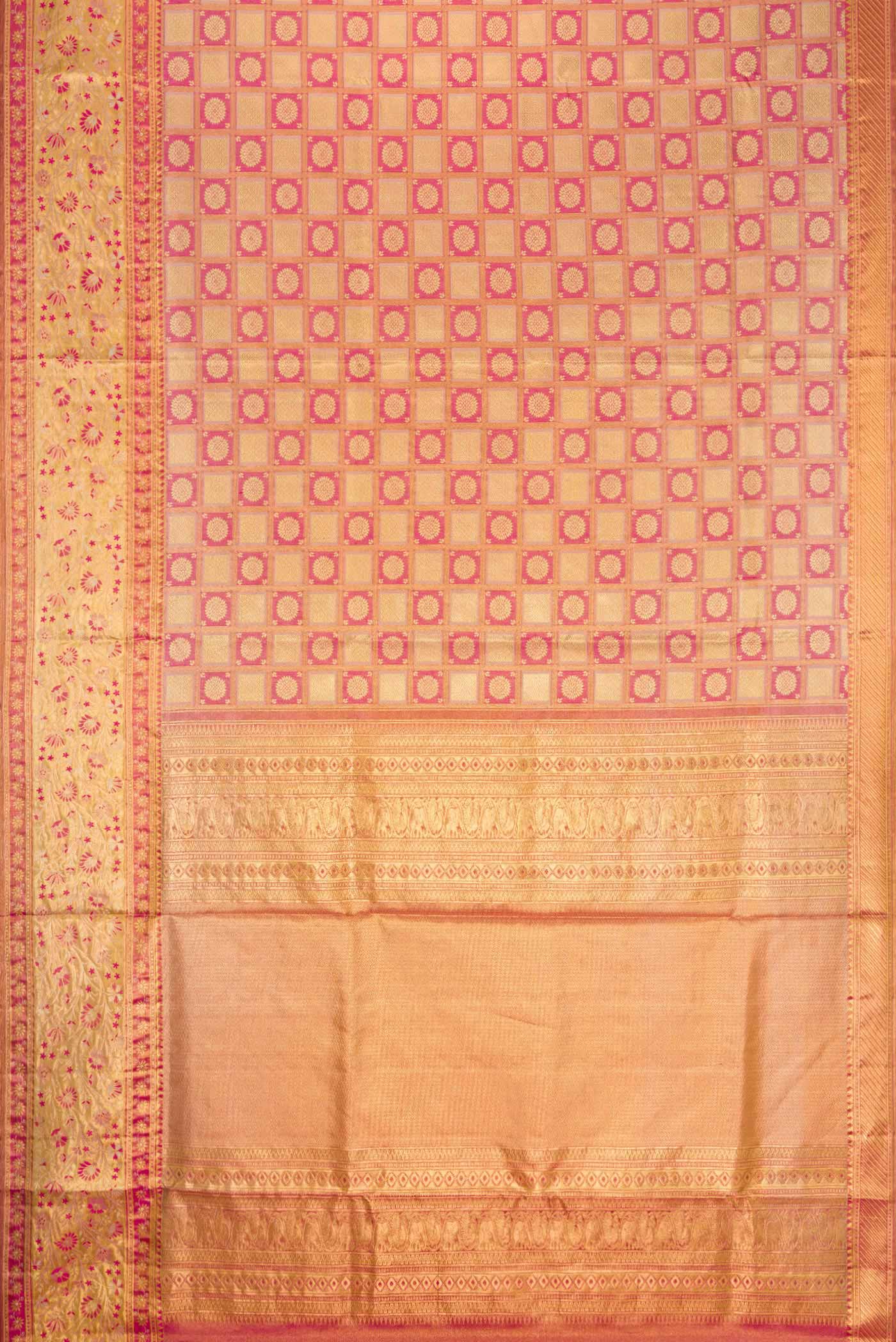 Flat view of Pink Dual Tone Kanchipuram Tissue Silk Saree with Zari Brocade on the body and Zari Border