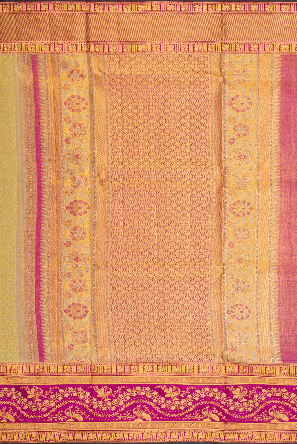 Close up image of the pallu of Gold Dual Tone Kanchipuram Tissue Silk Saree with Zari Brocade on the body and Zari Border. 