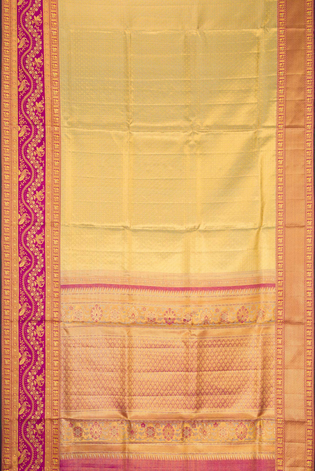 Flat view of Gold Dual Tone Kanchipuram Tissue Silk Saree with Zari Brocade on the body and Zari Border. 