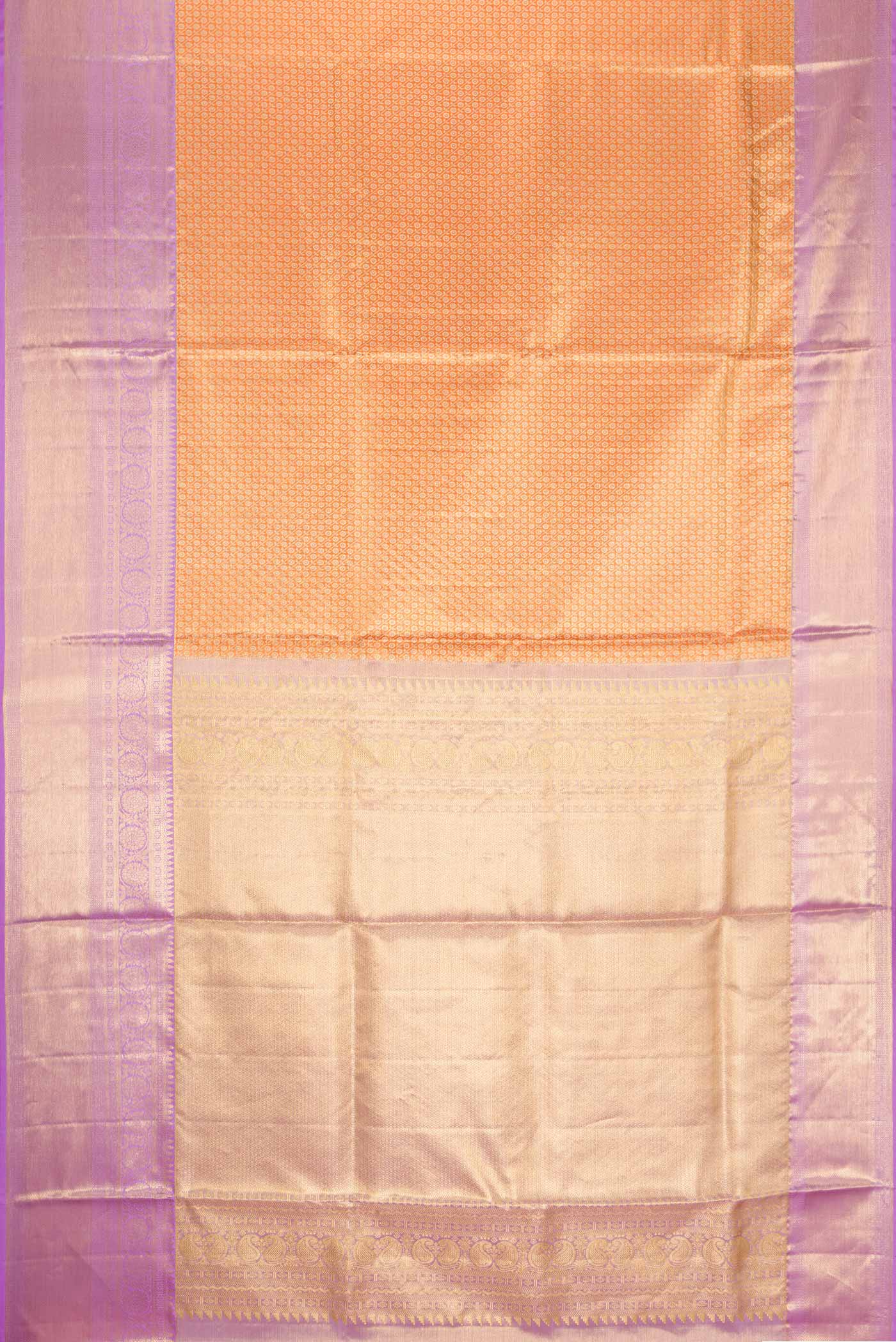 Flat view of Orange Kanchipuram Tissue Silk Saree with Zari Brocade on the body and Zari Border