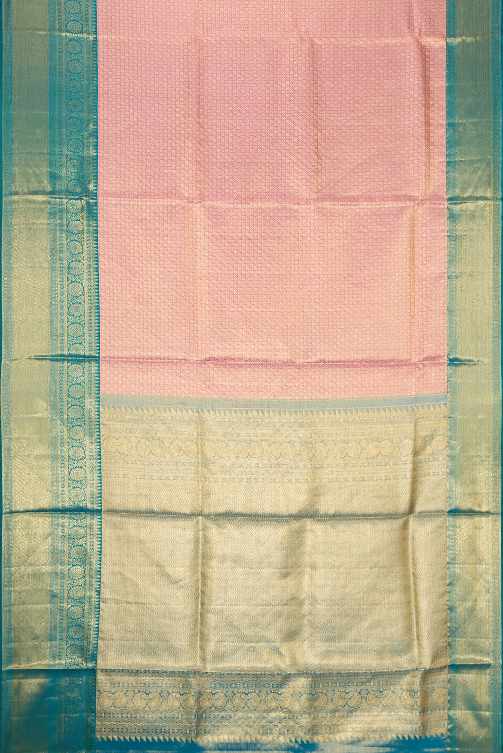 Flat view of Pink Dual Tone Kanchipuram Tissue Silk Saree with Zari Brocade on the body and Zari Border. 