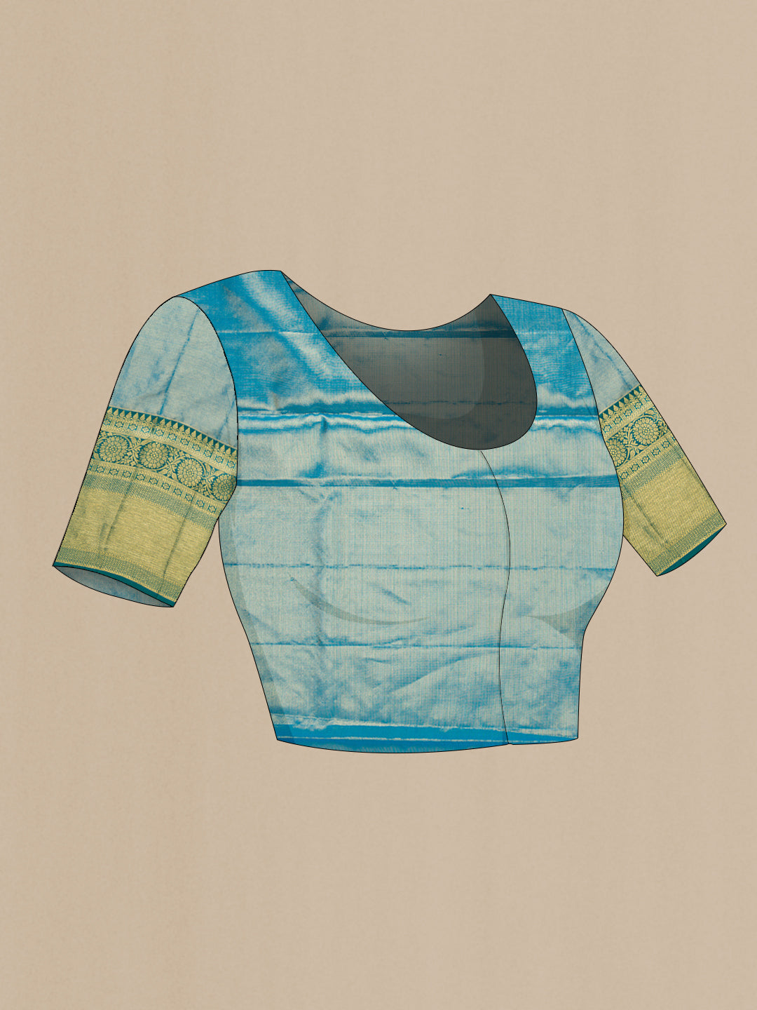 Close up image of the blouse of Golden Peach Dual Tone Kanchipuram Tissue Silk Saree with Zari Brocade on the body and Zari Border. 