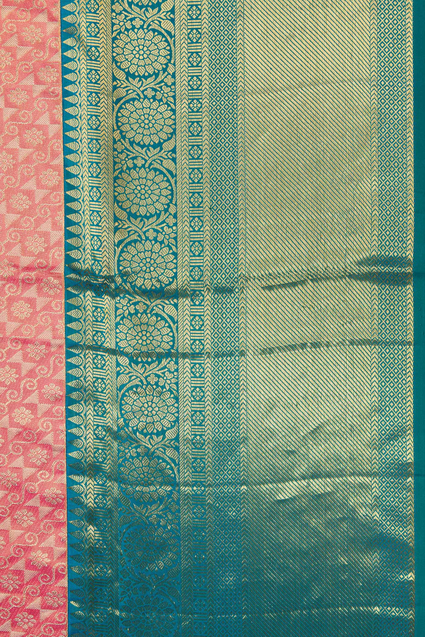 Border image of Golden Peach Dual Tone Kanchipuram Tissue Silk Saree with Zari Brocade on the body and Zari Border. 