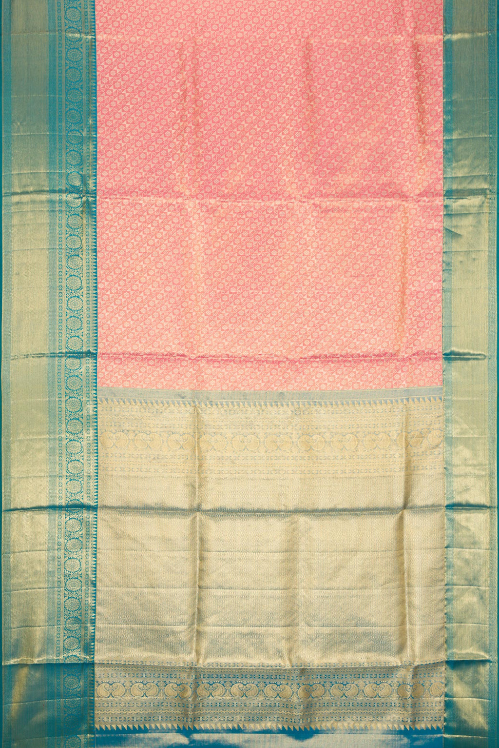 Flat view of Golden Peach Dual Tone Kanchipuram Tissue Silk Saree with Zari Brocade on the body and Zari Border. 