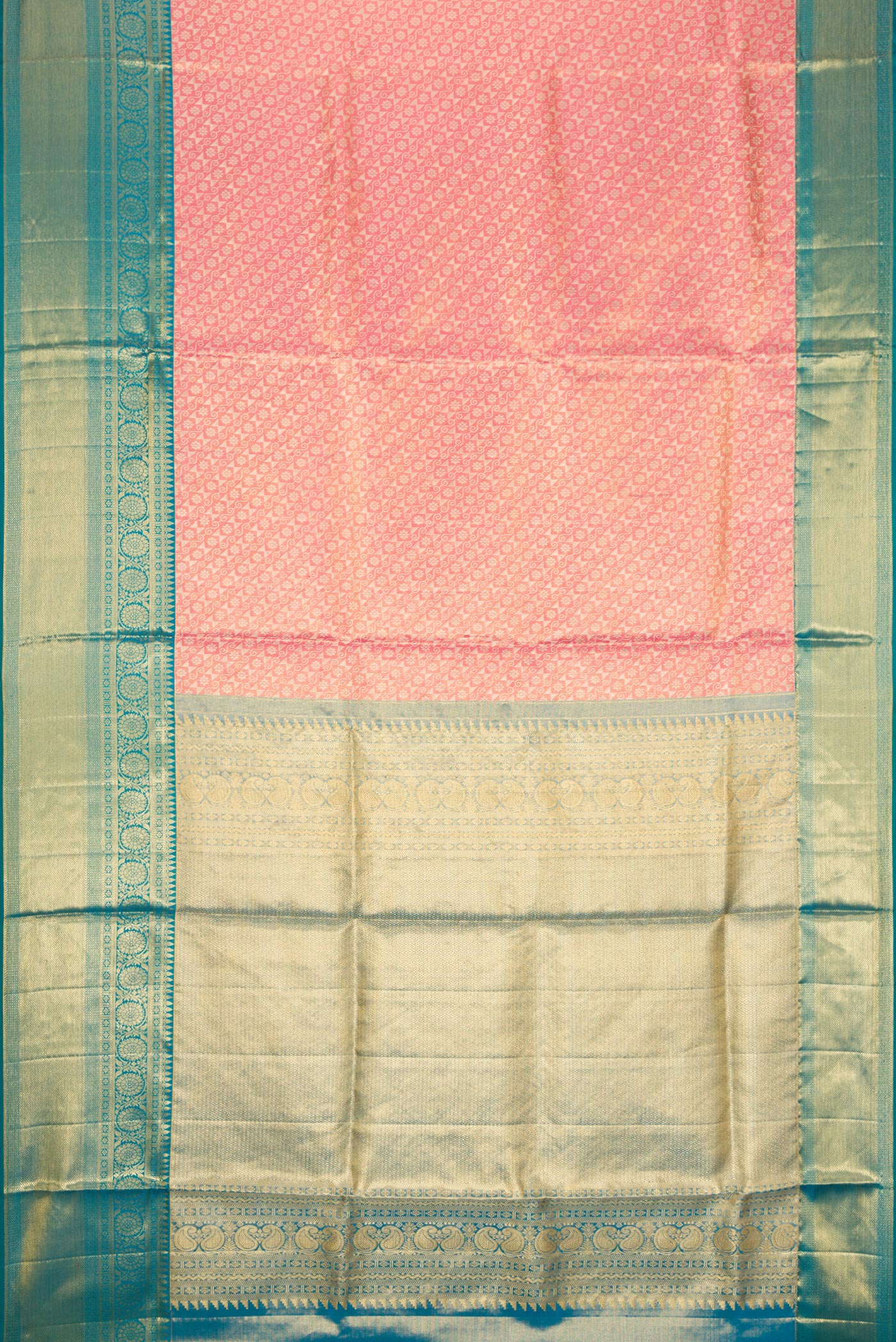 Flat view of Golden Peach Dual Tone Kanchipuram Tissue Silk Saree with Zari Brocade on the body and Zari Border. 