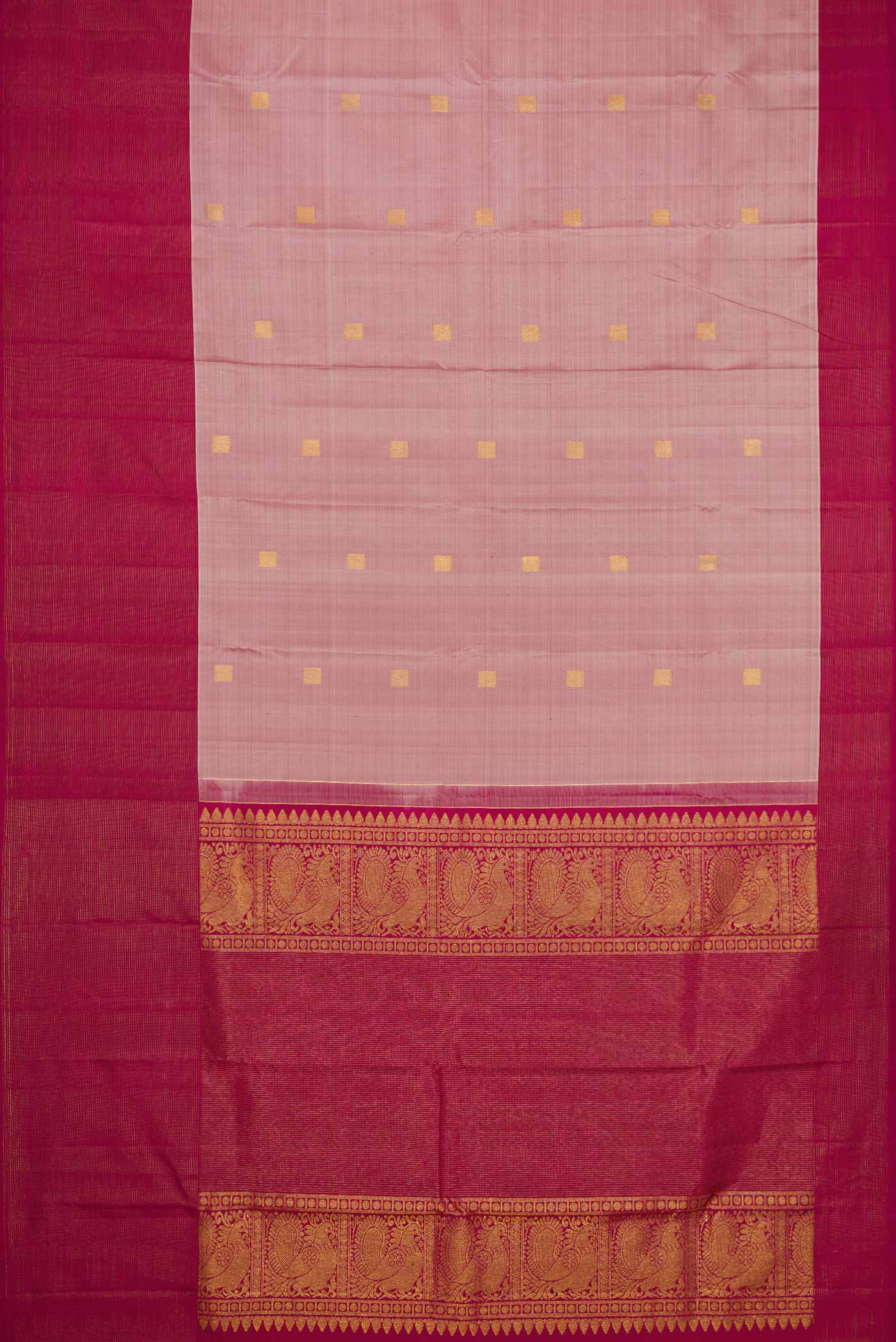 Flat view of Dark Beige Dual Tone Kanjivaram Silk Saree with Zari Butta on the body and Zari Border. 