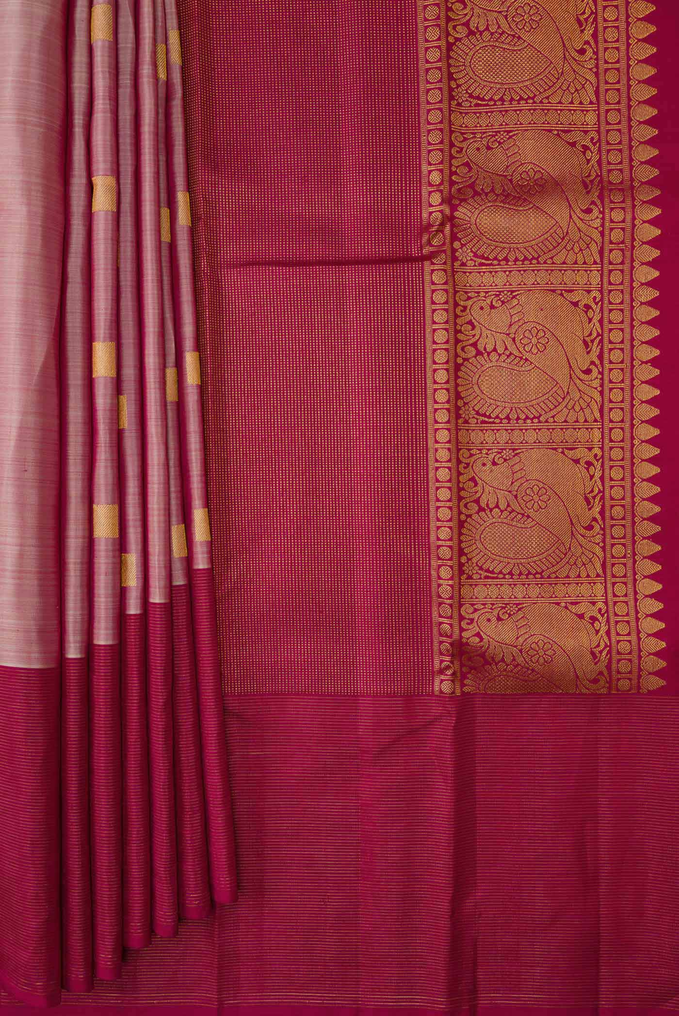 Pleats and pallu of Dark Beige Dual Tone Kanjivaram Silk Saree with Zari Butta on the body and Zari Border. 