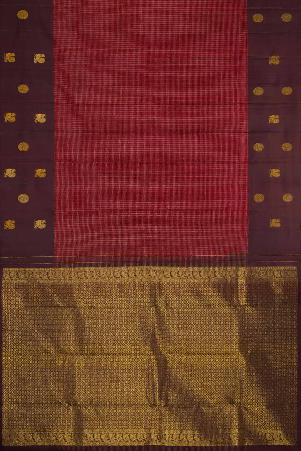Flat view of Maroon Dual Tone Kanjivaram Silk Saree with Checked design on the body and Fancy Border. 
