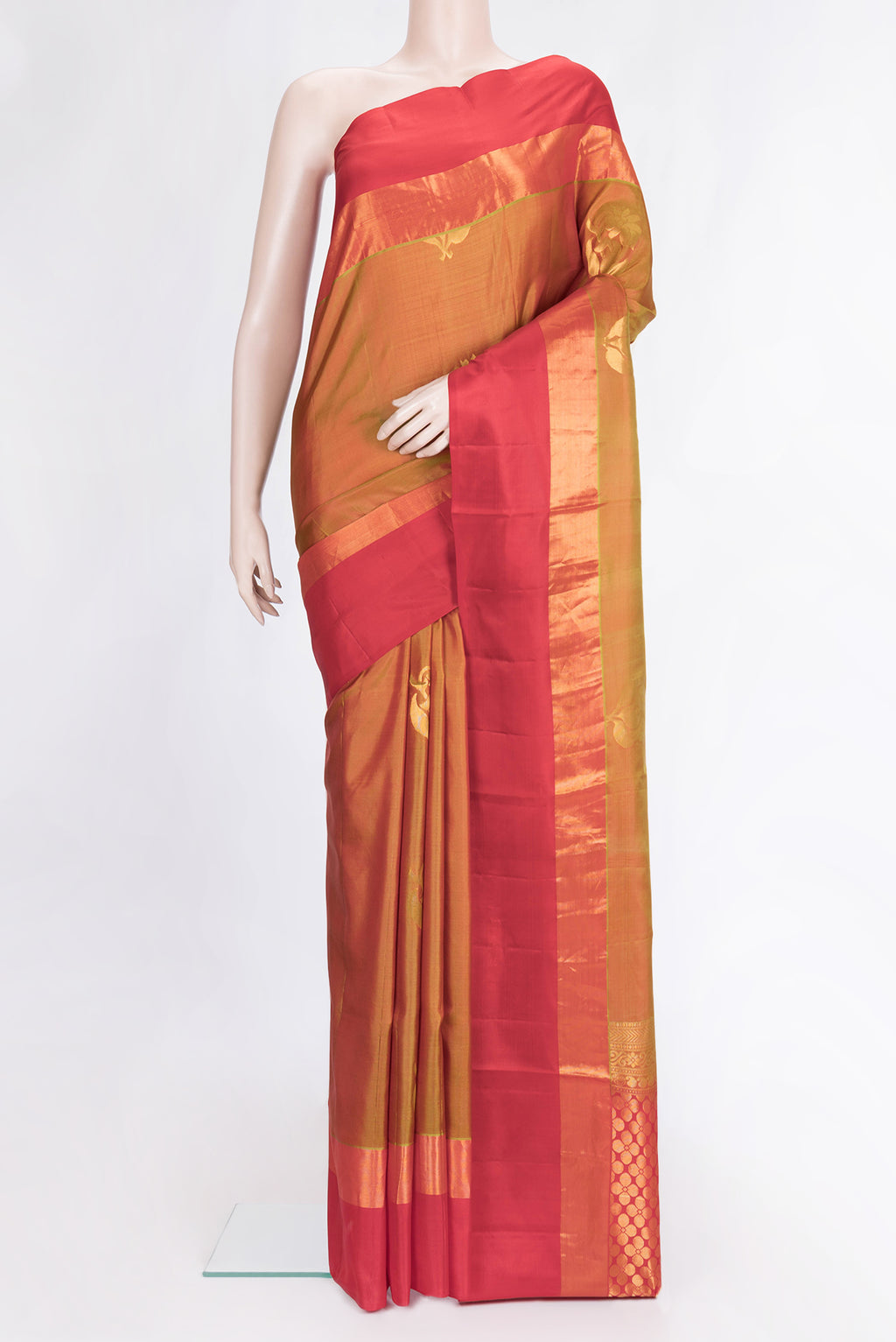 Mehandi Green Dual Tone Soft Silk Saree with Zari Butta on the body and Zari Border.  displayed on a mannequin