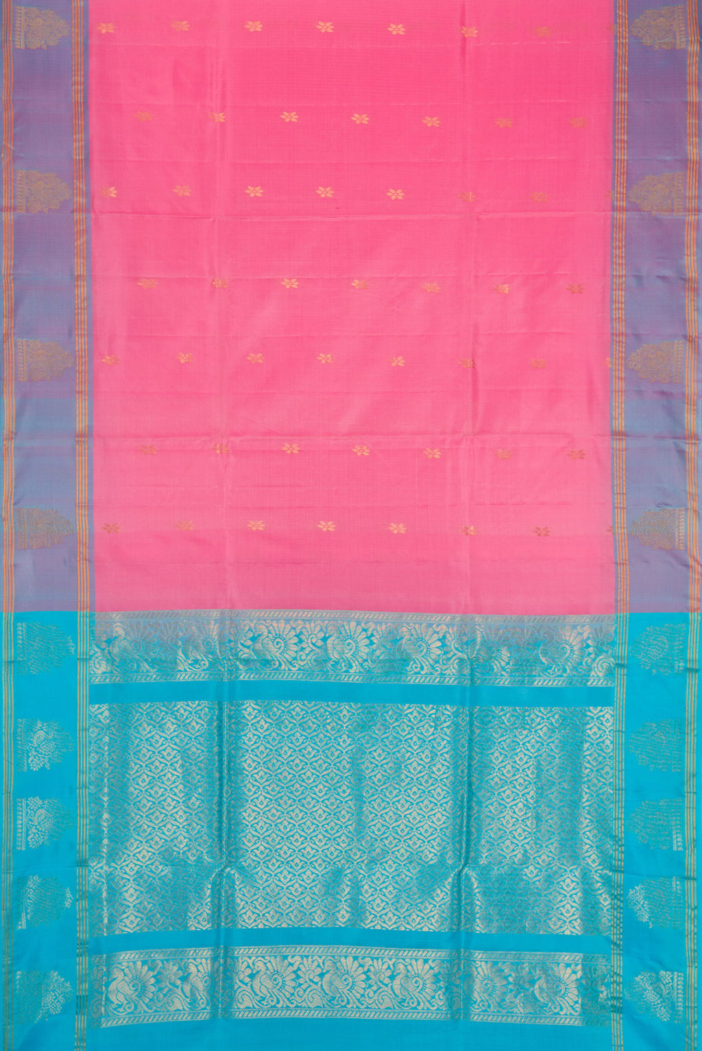 Flat view of Pink Dual Tone Soft Silk Saree with Zari Butta on the body and Fancy Border. 