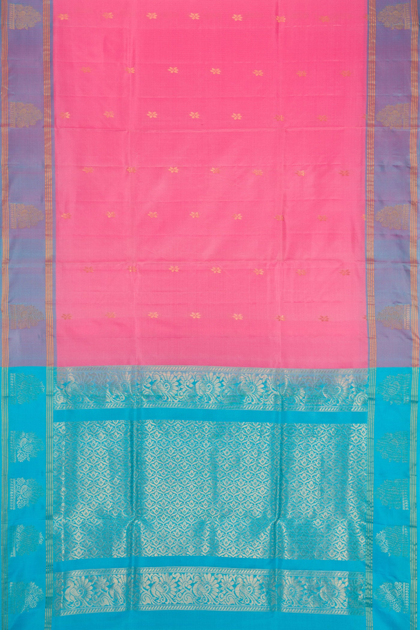 Flat view of Pink Dual Tone Soft Silk Saree with Zari Butta on the body and Fancy Border. 