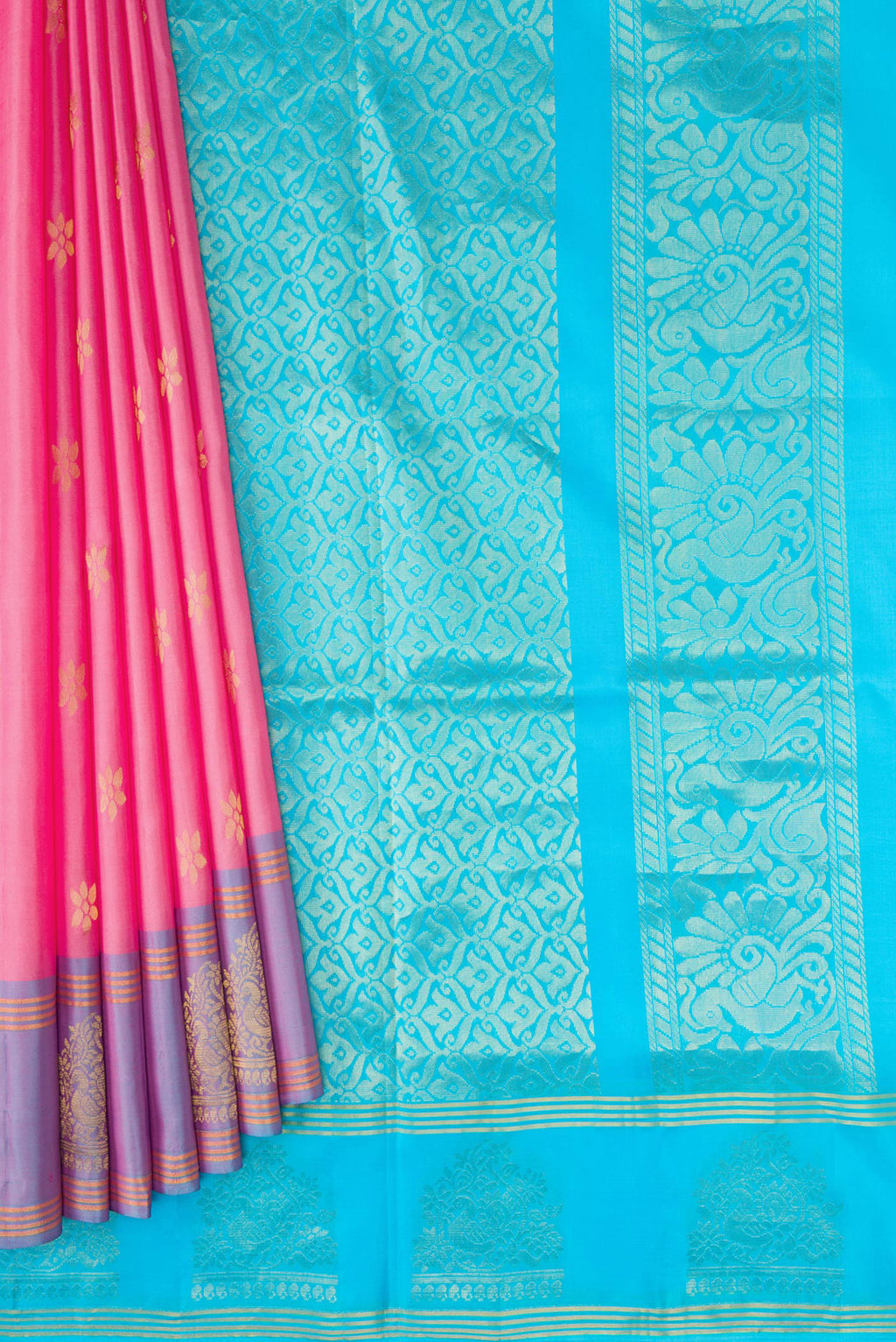 Pleats and pallu of Pink Dual Tone Soft Silk Saree with Zari Butta on the body and Fancy Border. 
