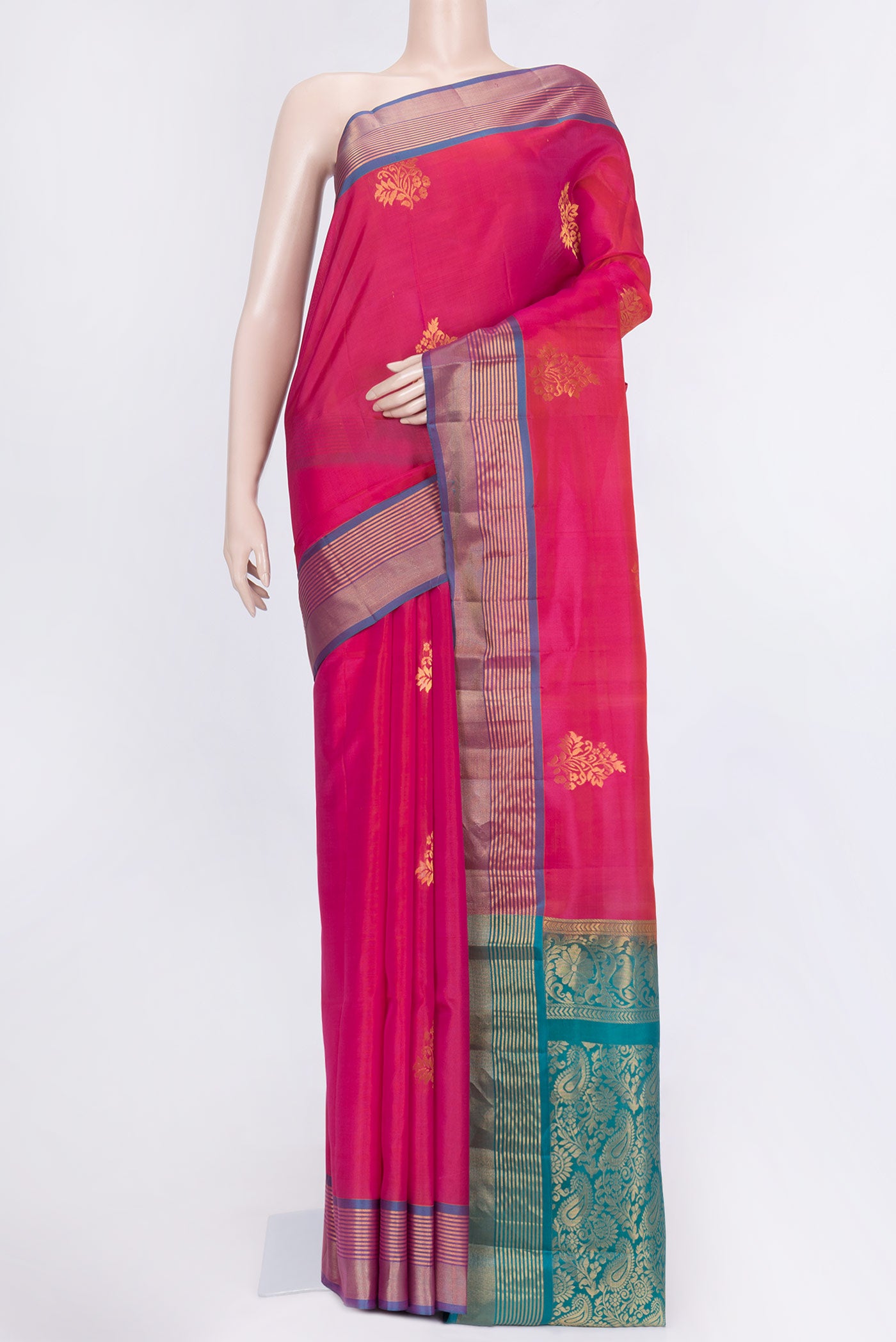 Dark Pink Dual Tone Soft Silk Saree with Zari Butta on the body and Zari Border.  displayed on a mannequin