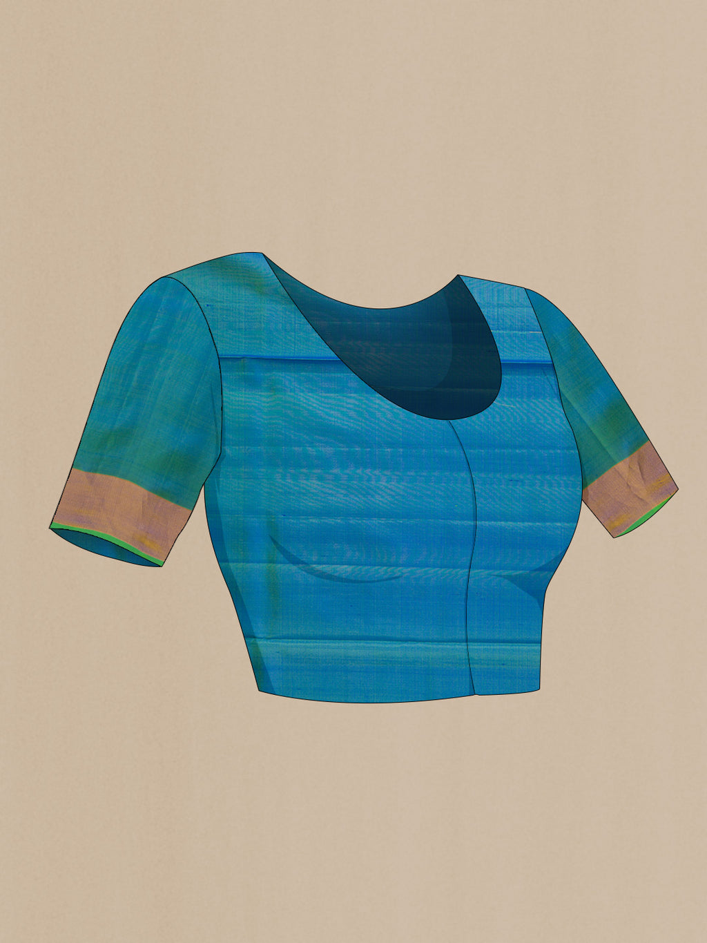 Close up image of the blouse of Pista Green Dual Tone Soft Silk Saree with Zari Butta on the body and Zari Border. 