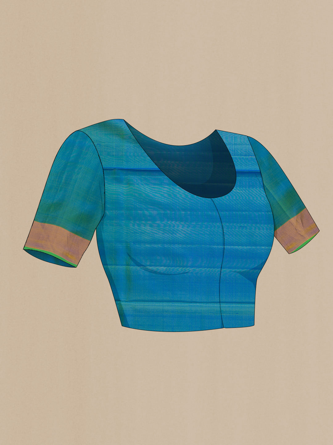 Close up image of the blouse of Pista Green Dual Tone Soft Silk Saree with Zari Butta on the body and Zari Border. 