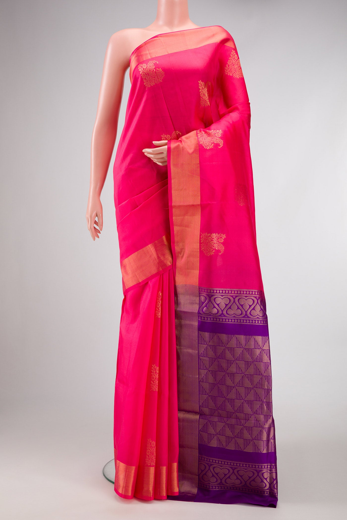 Pink Dual Tone Soft Silk Saree with Zari Butta on the body and Zari Border.  displayed on a mannequin