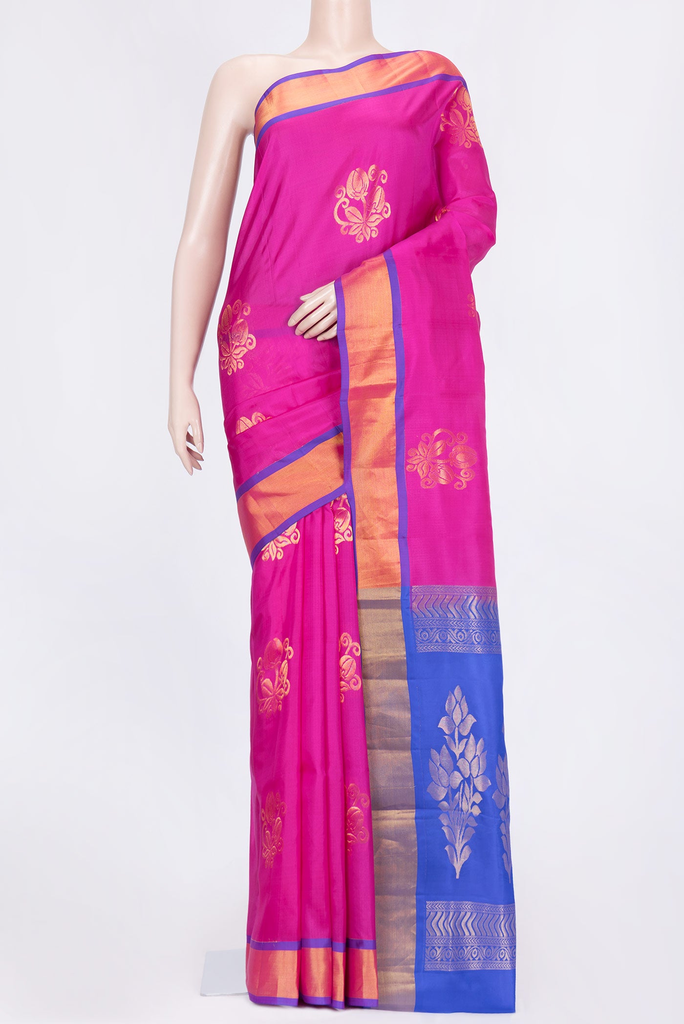 Pink Dual Tone Soft Silk Saree with Zari Butta on the body and Zari Border.  displayed on a mannequin