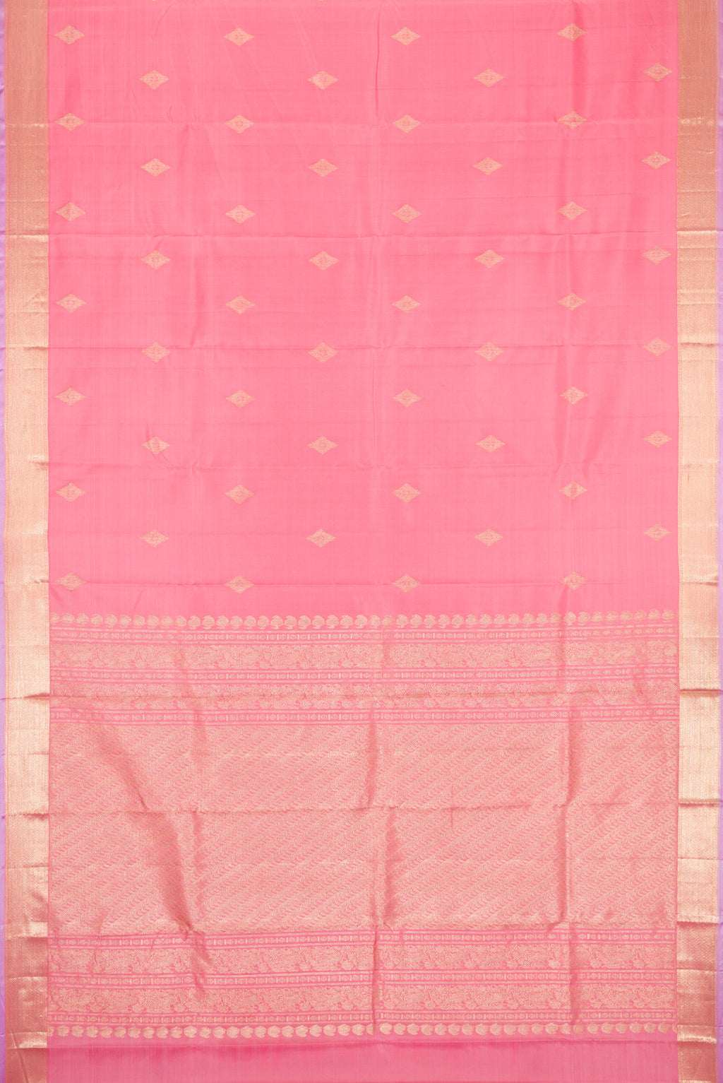 Flat view of Pink Dual Tone Kanjivaram Silk Saree with Zari Butta on the body and Zari Border. 