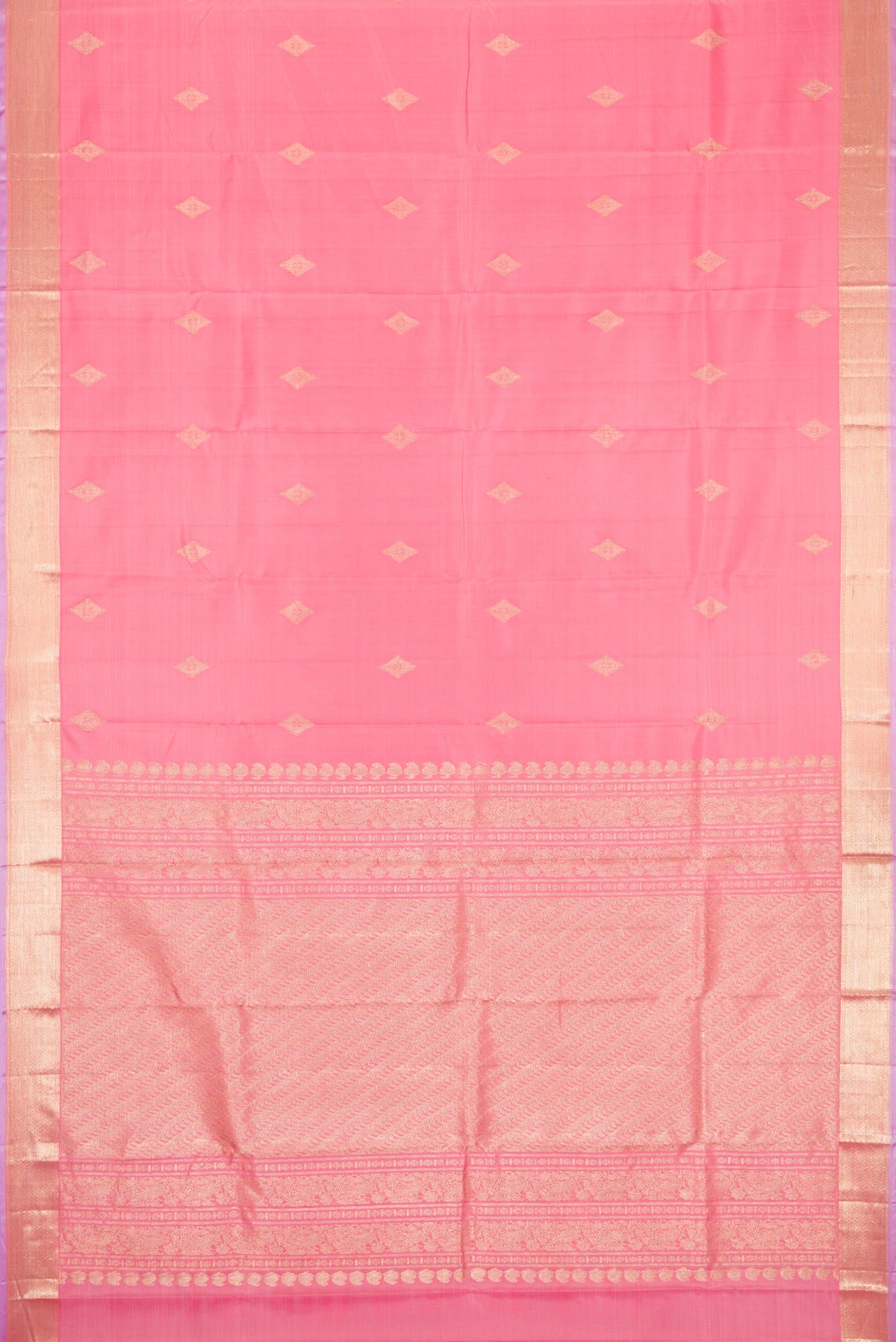 Flat view of Pink Dual Tone Kanjivaram Silk Saree with Zari Butta on the body and Zari Border. 