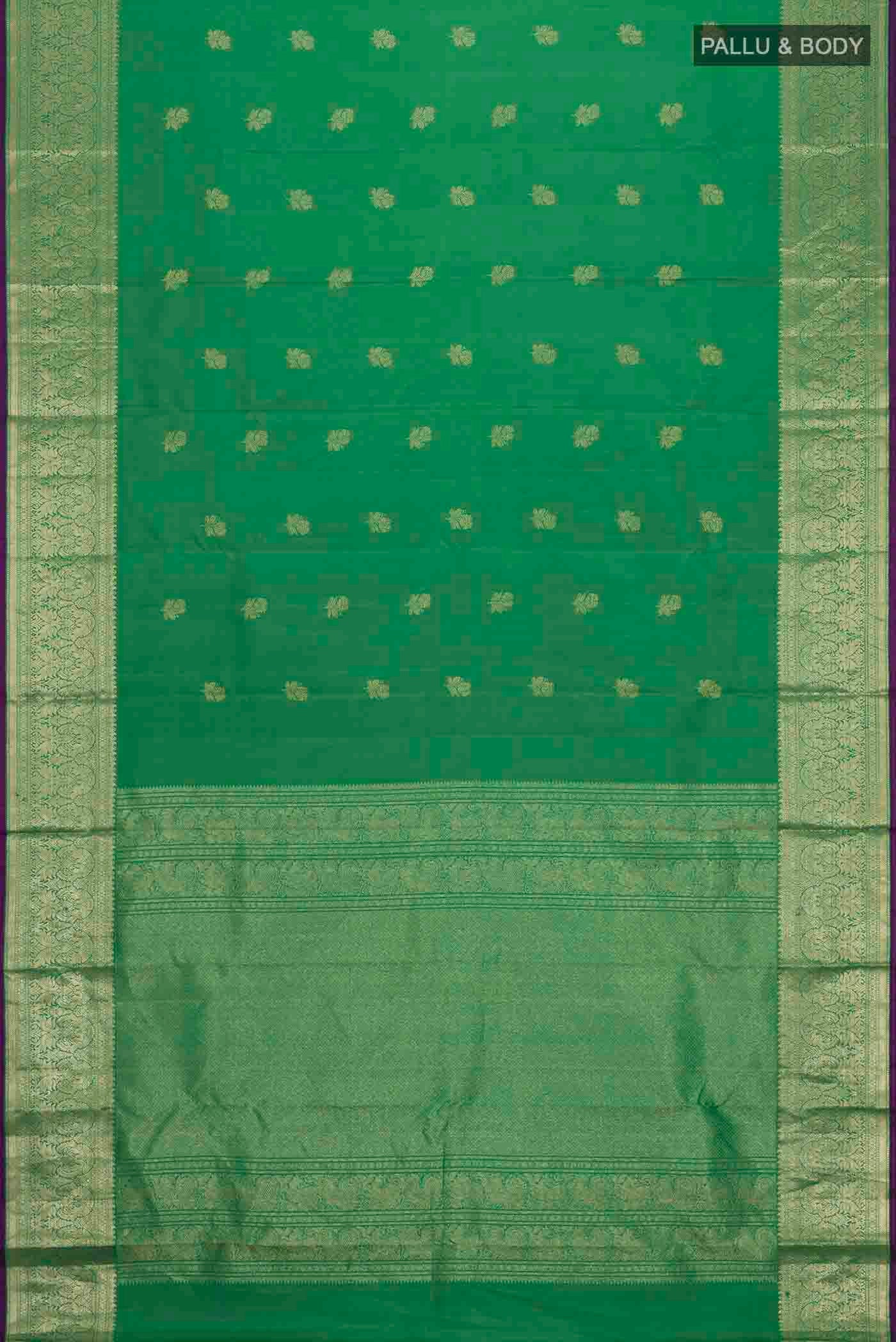 Flat view of Green Kanchipuram Silk Saree with Zari Butta on the body and Zari Border