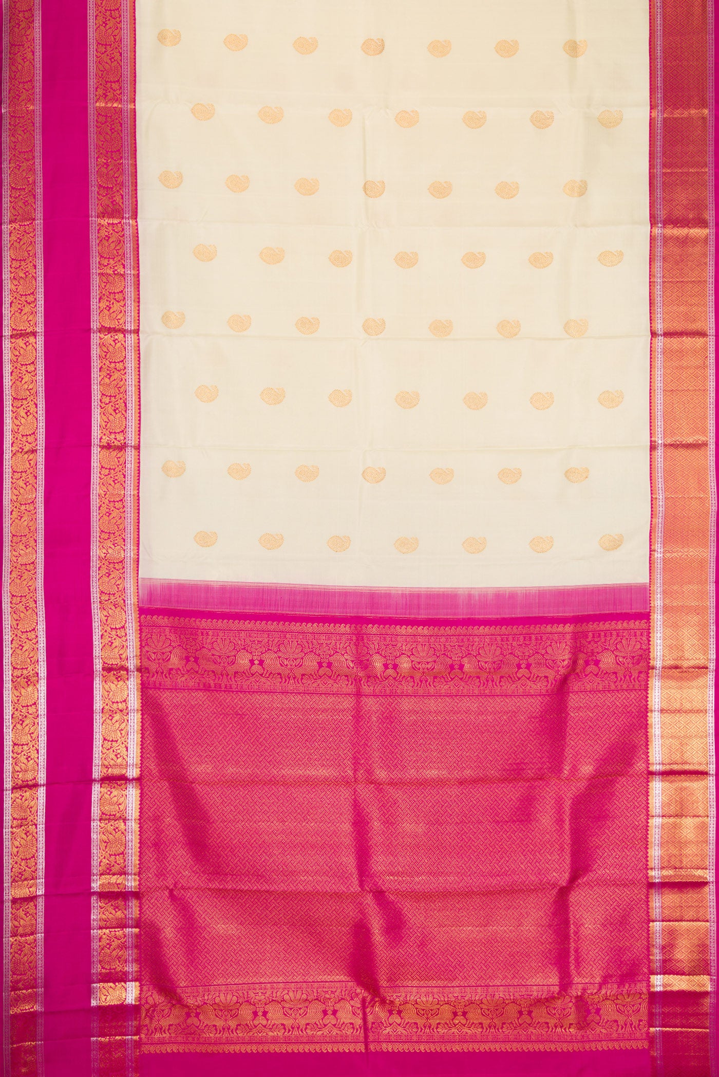 Flat view of Off White Dual Tone Kanchipuram Silk Saree with Zari Butta on the body and Zari Border. 