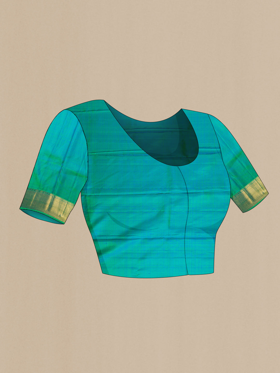 Close up image of the blouse of Green Dual Tone Kanchipuram Silk Saree with Zari Brocade on the body and Zari Border. 