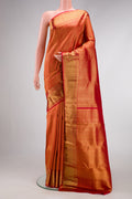 Dark Pink Dual Tone Kanchipuram Silk Saree with Zari Brocade on the body and Zari Border.  displayed on a mannequin