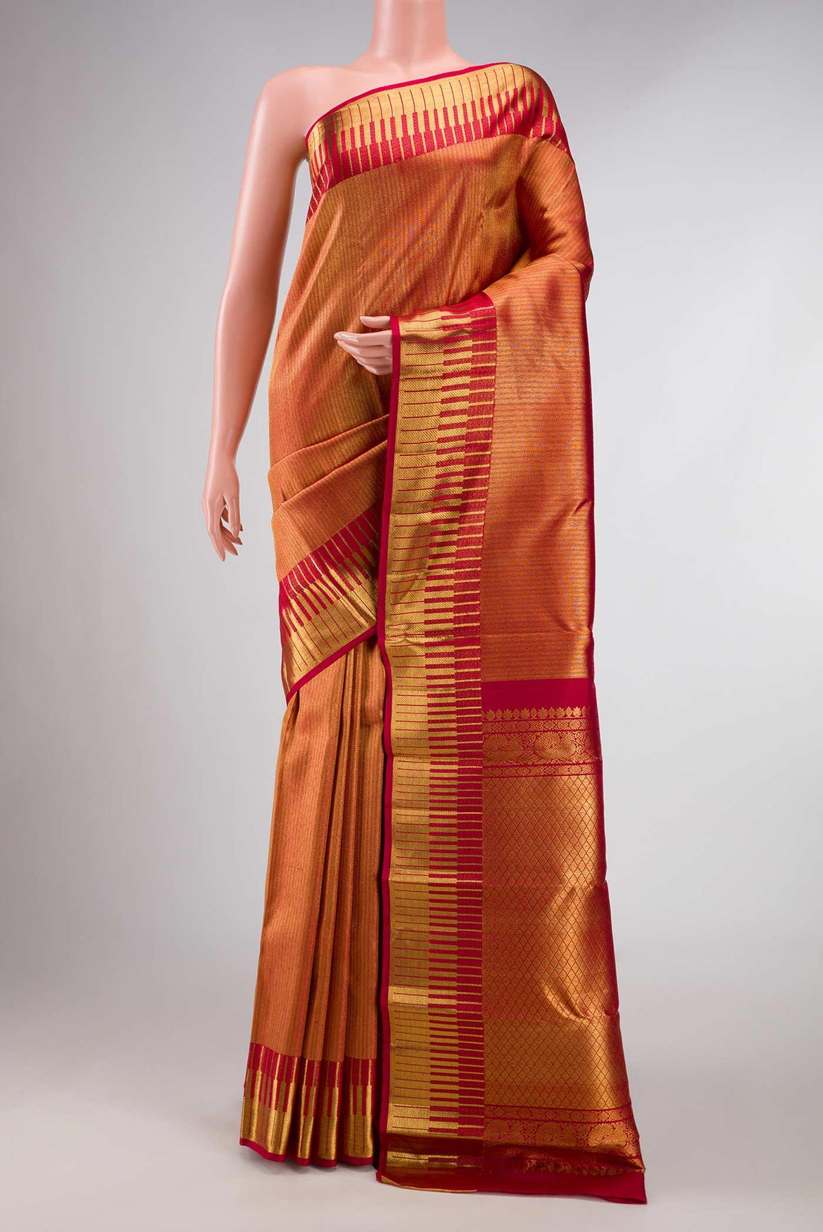 Maroon Dual Tone Kanchipuram Silk Saree with Zari Brocade on the body and Zari Border displayed on a mannequin