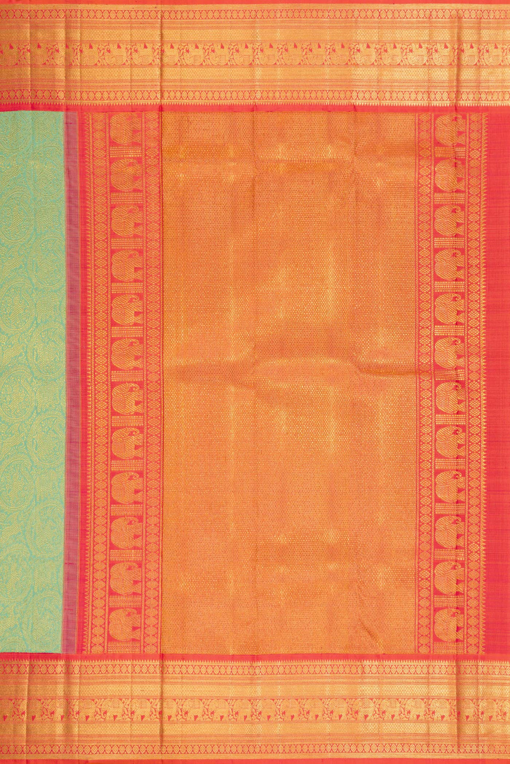 Close up image of the pallu of Pista Green Dual Tone Kanchipuram Silk Saree with Zari Brocade on the body and Zari Border. 