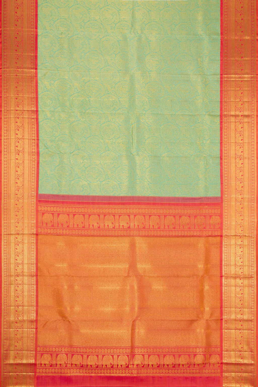 Flat view of Pista Green Dual Tone Kanchipuram Silk Saree with Zari Brocade on the body and Zari Border. 