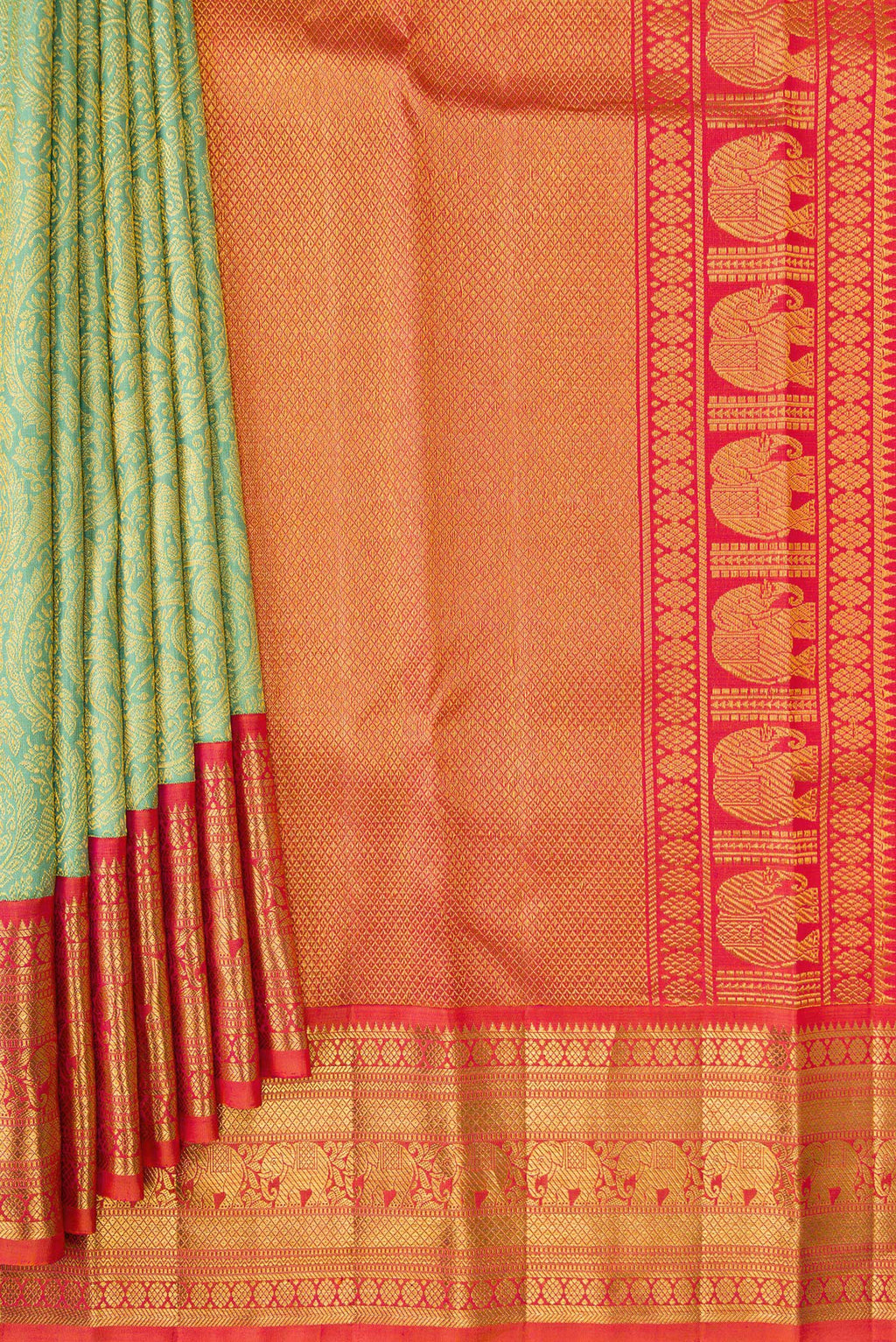 Pleats and pallu of Pista Green Dual Tone Kanchipuram Silk Saree with Zari Brocade on the body and Zari Border. 