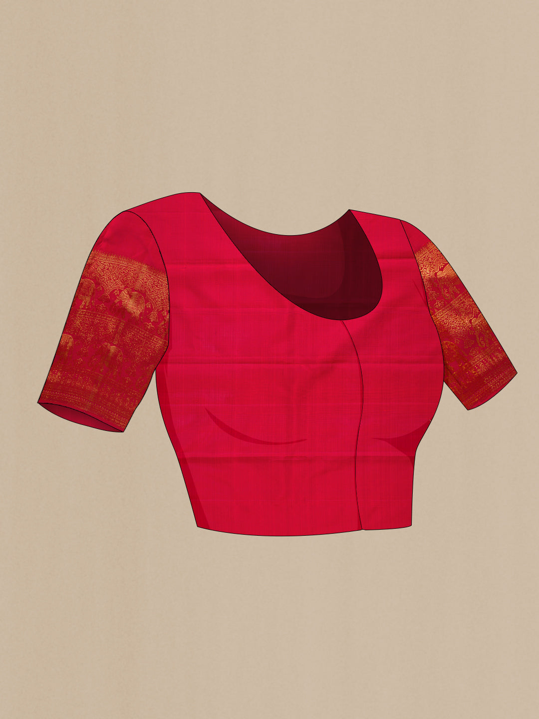 Close up image of the blouse of Red Dual Tone Kanchipuram Silk Saree with Zari Butta on the body and Zari Border. 