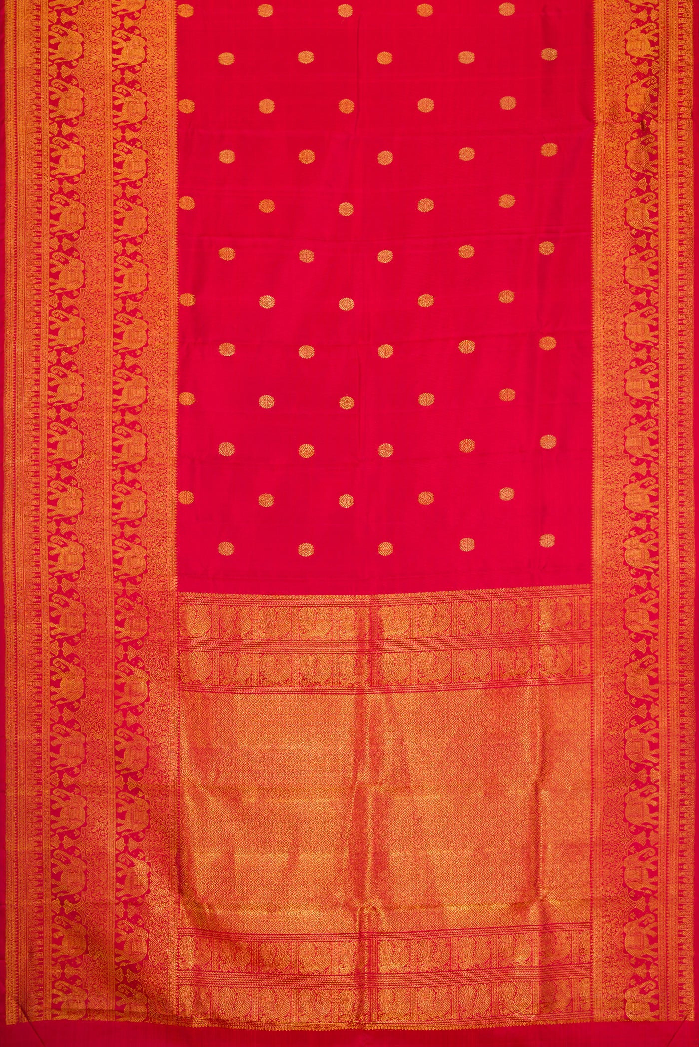 Flat view of Red Dual Tone Kanchipuram Silk Saree with Zari Butta on the body and Zari Border. 